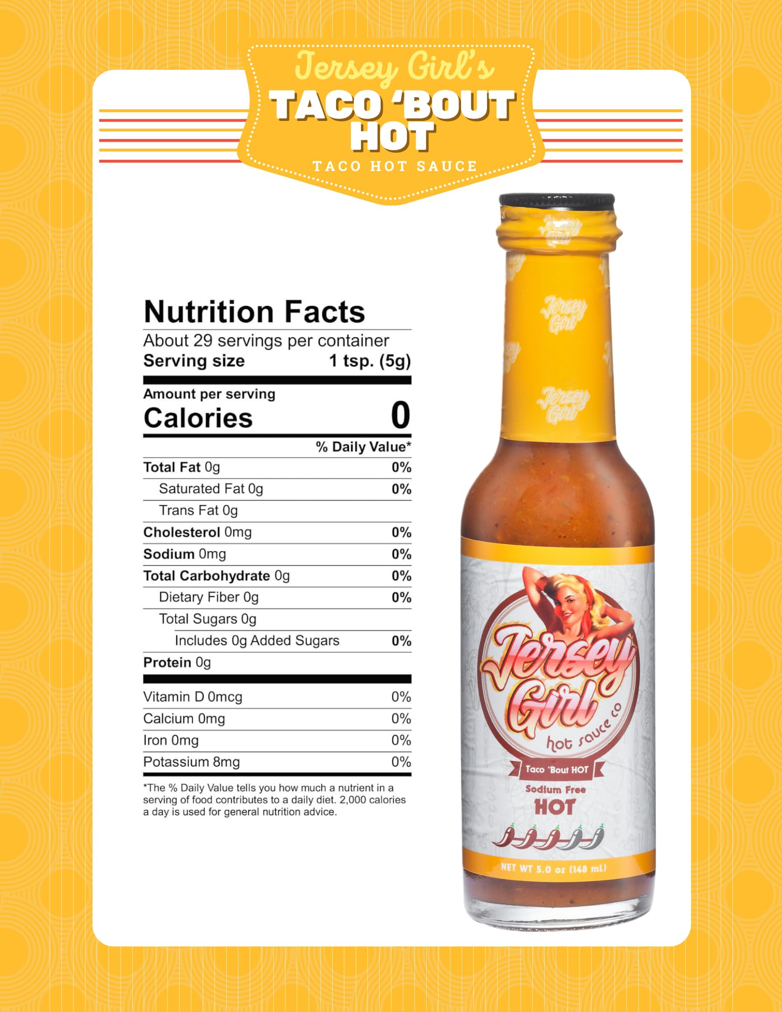 Jersey Girl Taco 'Bout Hot Sauce - No Added Salt, Naturally Sodium Free, Gluten Free, Keto Friendly, Ghost, Jalapeno & Habanero Pepper Sauce - 5oz