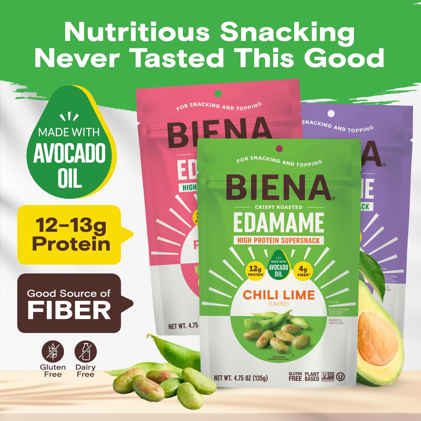 Biena Edamame Beans Snack High Protein Snacks - Healthy Office Snacks For Adults and Kids, 13g of Protein, 130 Low Calorie, Crunchy Edamame, Vegan