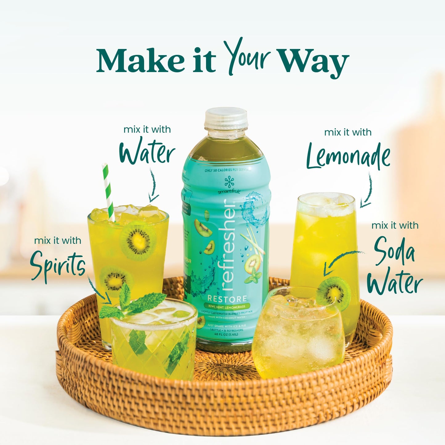 Smartfruit Restore Refresher - Kiwi, Lemongrass, Mint - Made with Real Fruit Juice, No Added Sugar, Coconut Water for Hydration, Green Coffee Bean