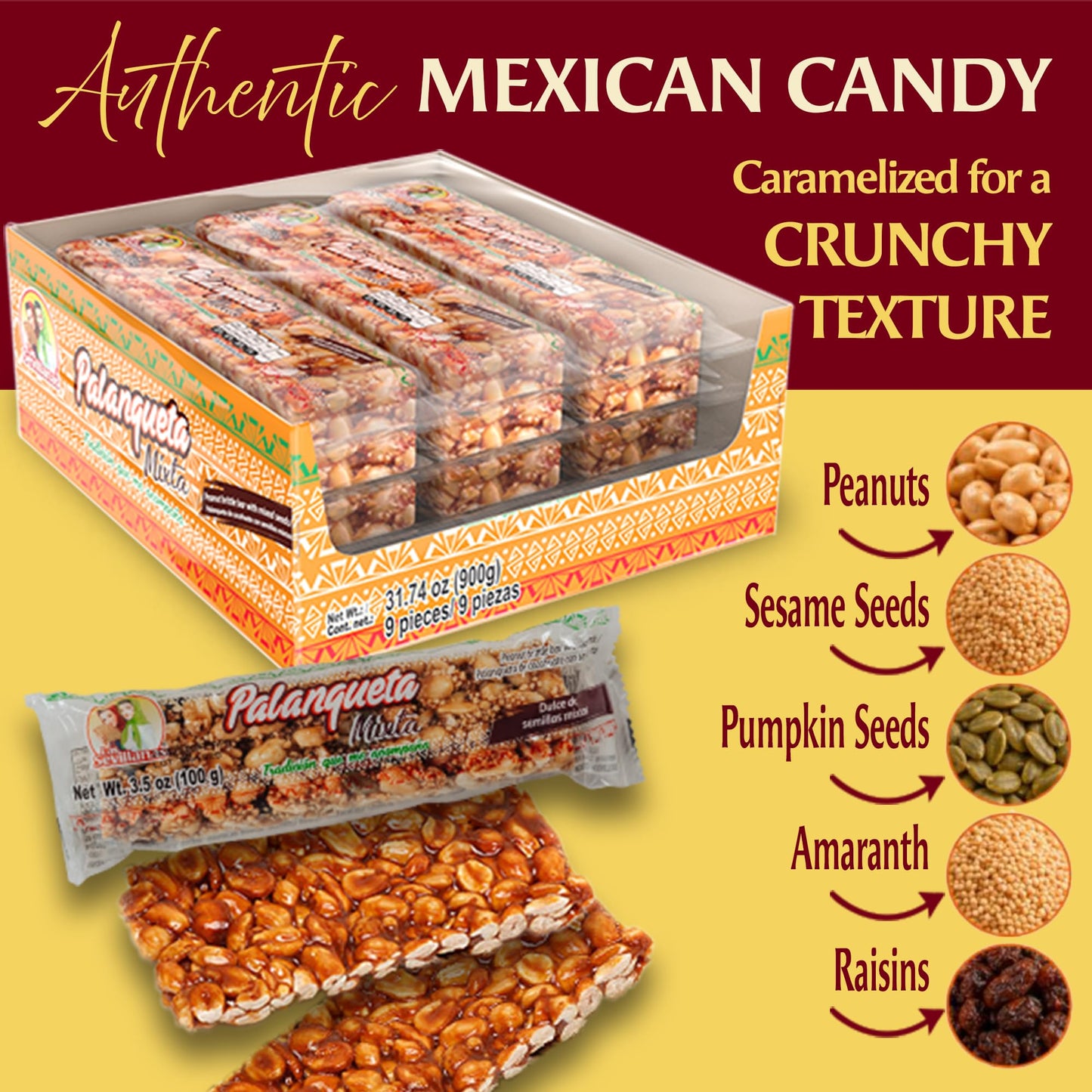 Las Sevillanas Peanut Brittle - Crunchy Peanut & Mixed Seeds Bar, Traditional Mexican Candy, Sweet Snack, 31.74 Oz/900g (Pack of 1)