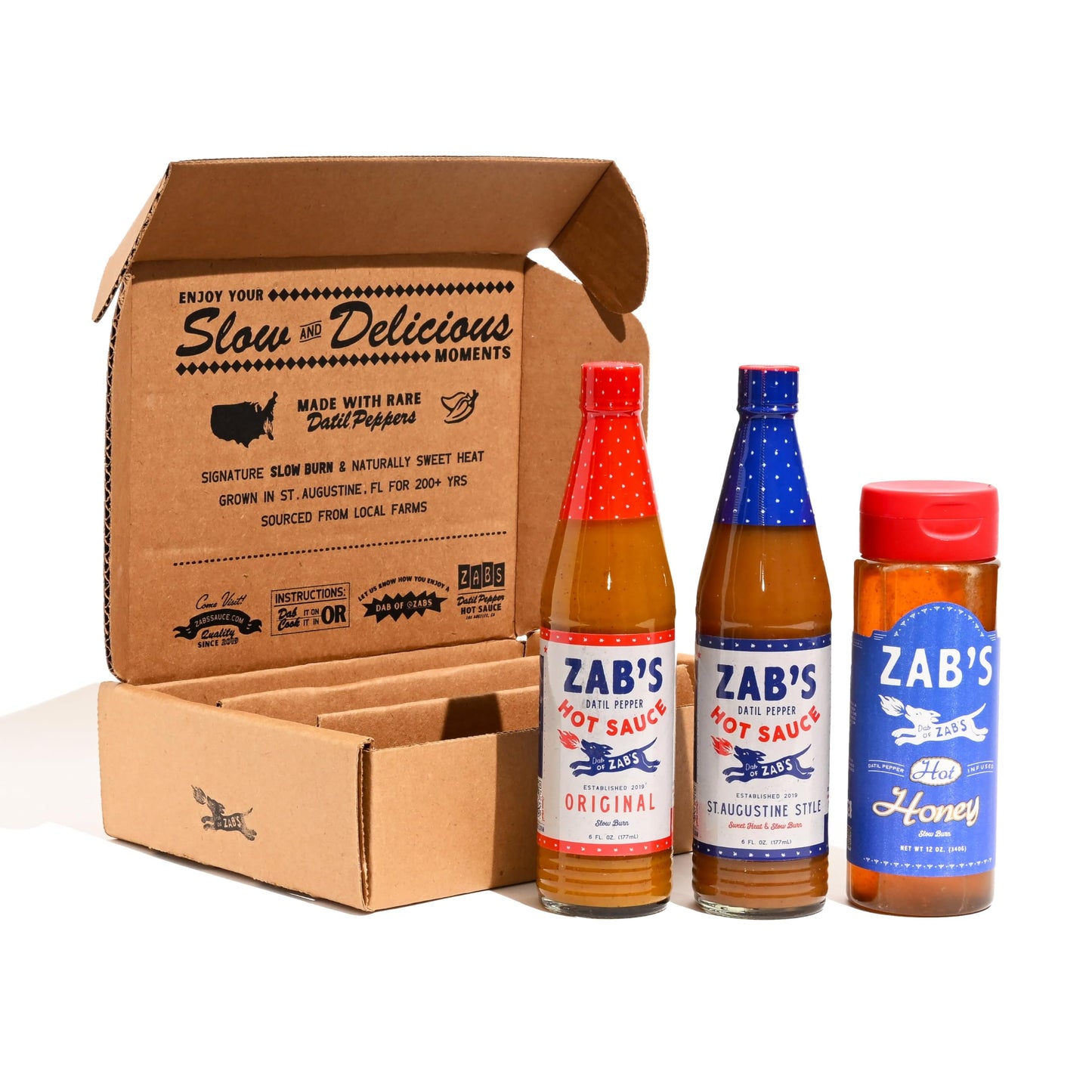 Zab's Hot Sauce Gift Set, Original 6oz, St. Augustine Style 6oz, & Hot Honey 12oz (3 Pack), Made with Signature Slow Burn Datil Peppers, Perfect