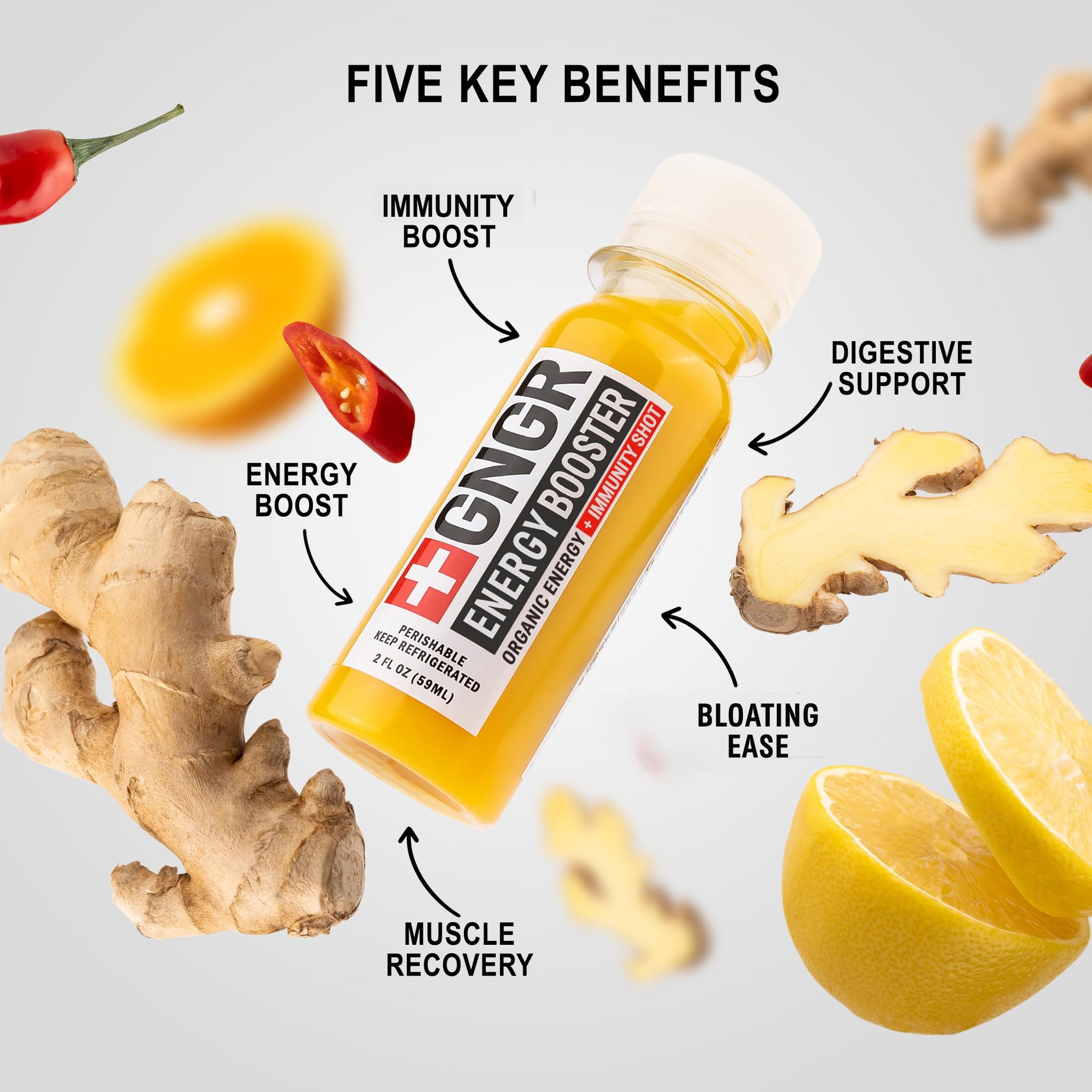 +GNGR Energy Booster - Organic Cold-Pressed Ginger Shot with Turmeric, Green Tea, Orange & Lemon Juice. Natural Energy Shot for Immune and Digestive