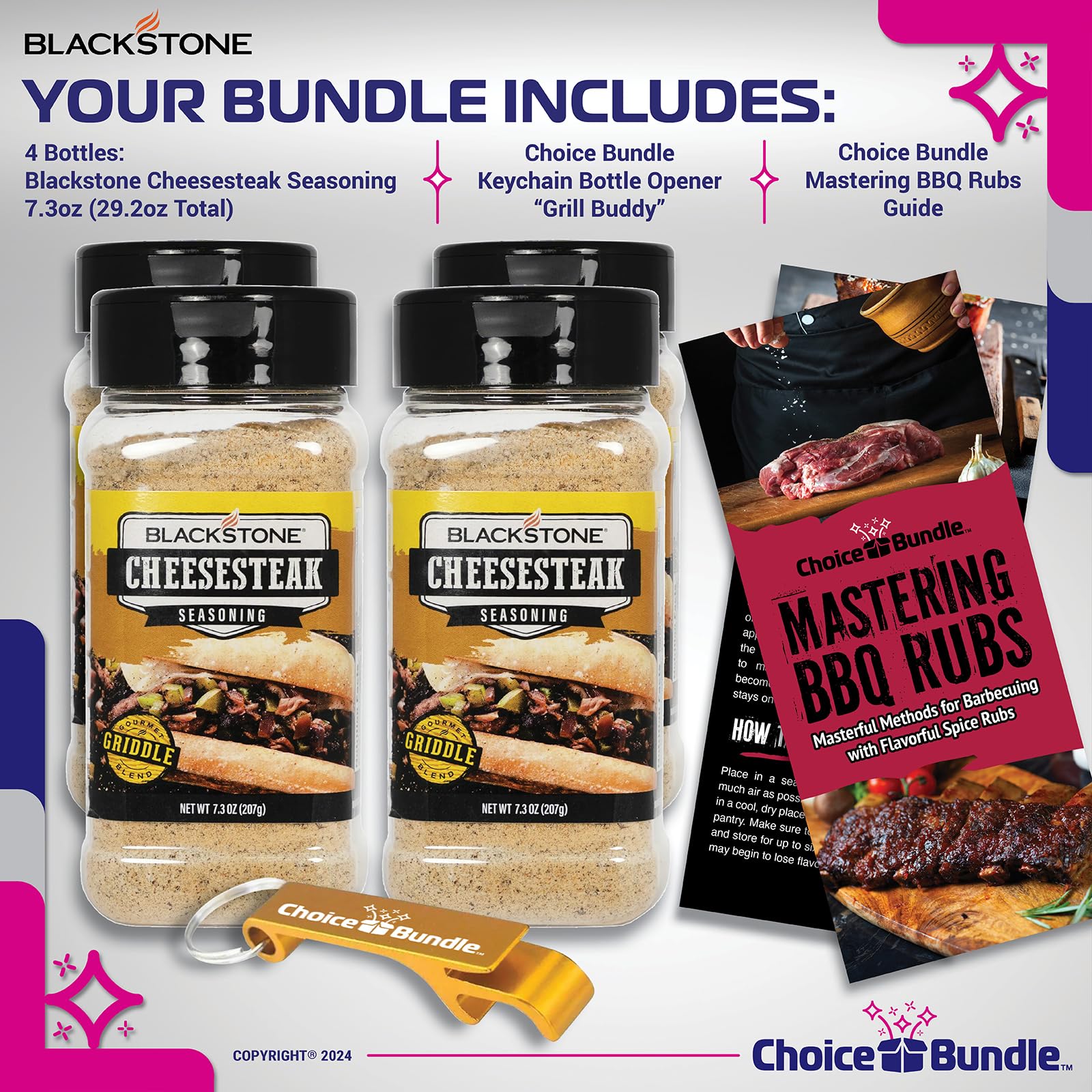 Blackstone Cheesesteak Seasoning - Gourmet Griddle Premium BBQ Barbecue Rub 4 Pk Choice Bundle (29.2 oz) + Guide & Opener (6 Items)!