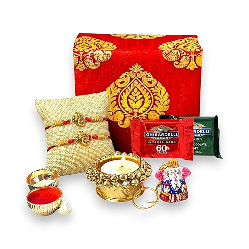 LOVENSPIRE Rakhi Gift Hamper for Brother 2PC Ganesha Rakhi with Candle Holder Ceramic Key Chain Roli Chawal Rakshabandhan Card Chocolates with Premium