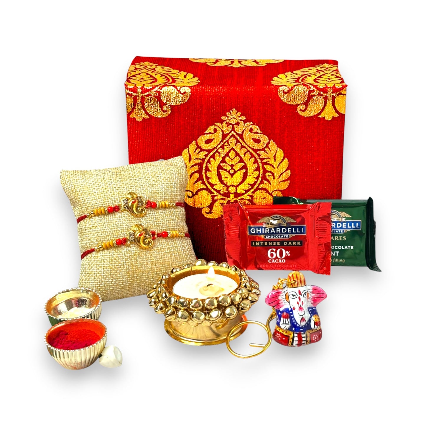 LOVENSPIRE Rakhi Gift Hamper for Brother 2PC Ganesha Rakhi with Candle Holder Ceramic Key Chain Roli Chawal Rakshabandhan Card Chocolates with Premium