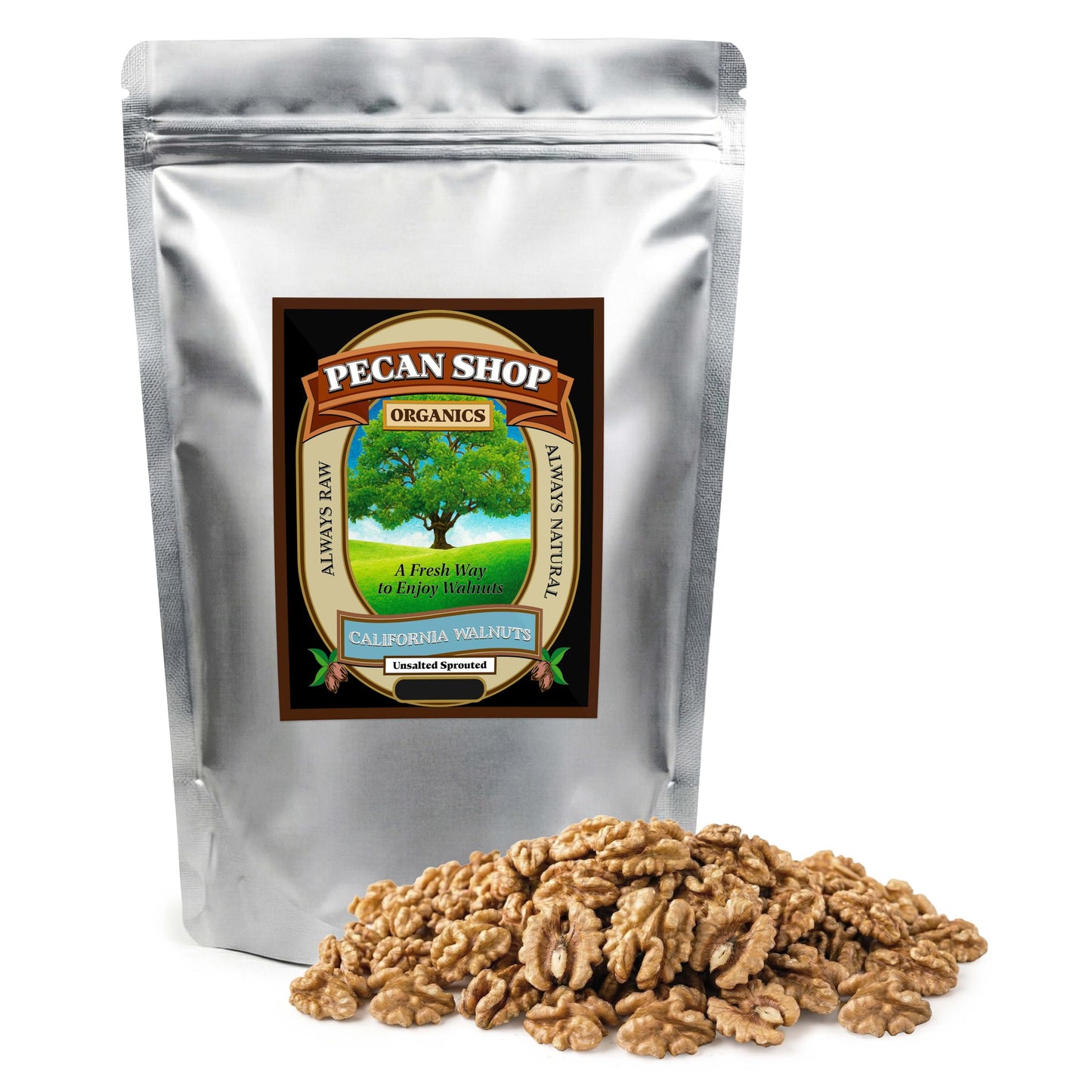 Pecan Shop Sprouted Organic Raw California Walnuts, High halves Count, Unsalted, 2 Pound