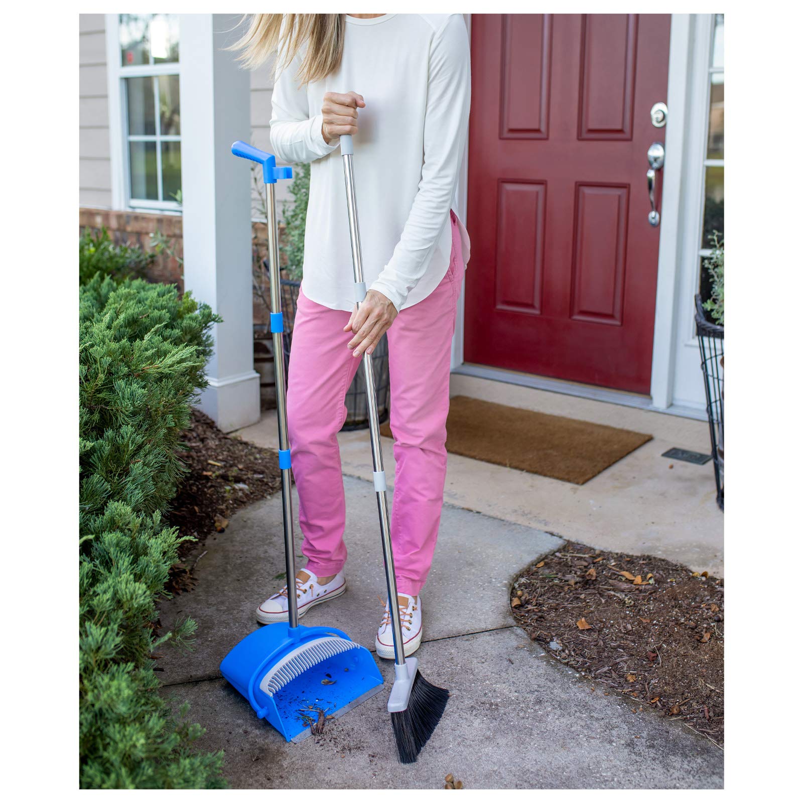 JFB Home Products BristleComb Outdoor Broom & Dustpan Set Upright, 49" Long Adjustable Broom, Long Handle, Self-Cleaning Comb & 2 Interchangeable