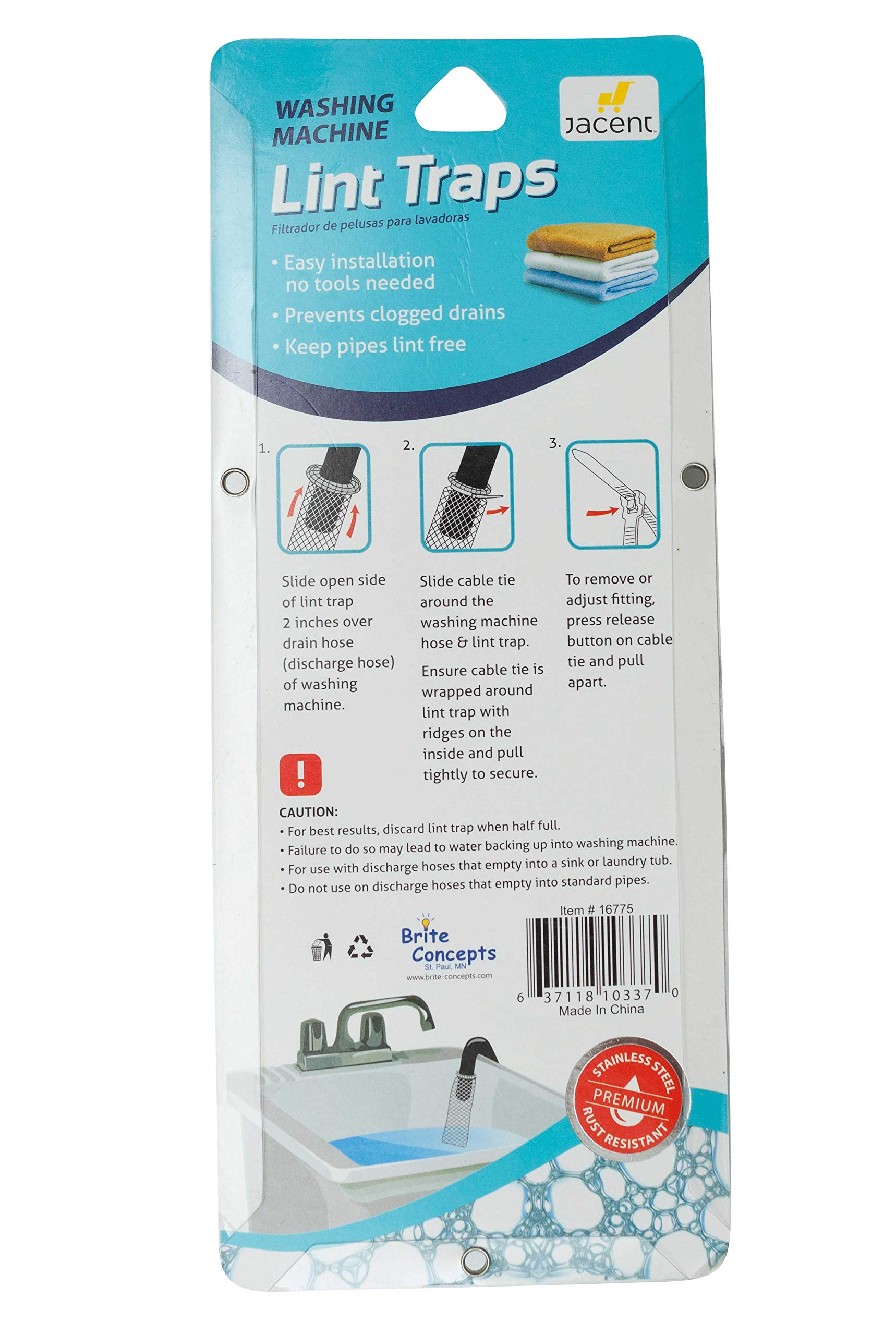 Brite Concepts Stainless Steel Washing Machine Lint Traps: Washer Hose Lint Remover with Cable Ties - 3 Count Per Pack