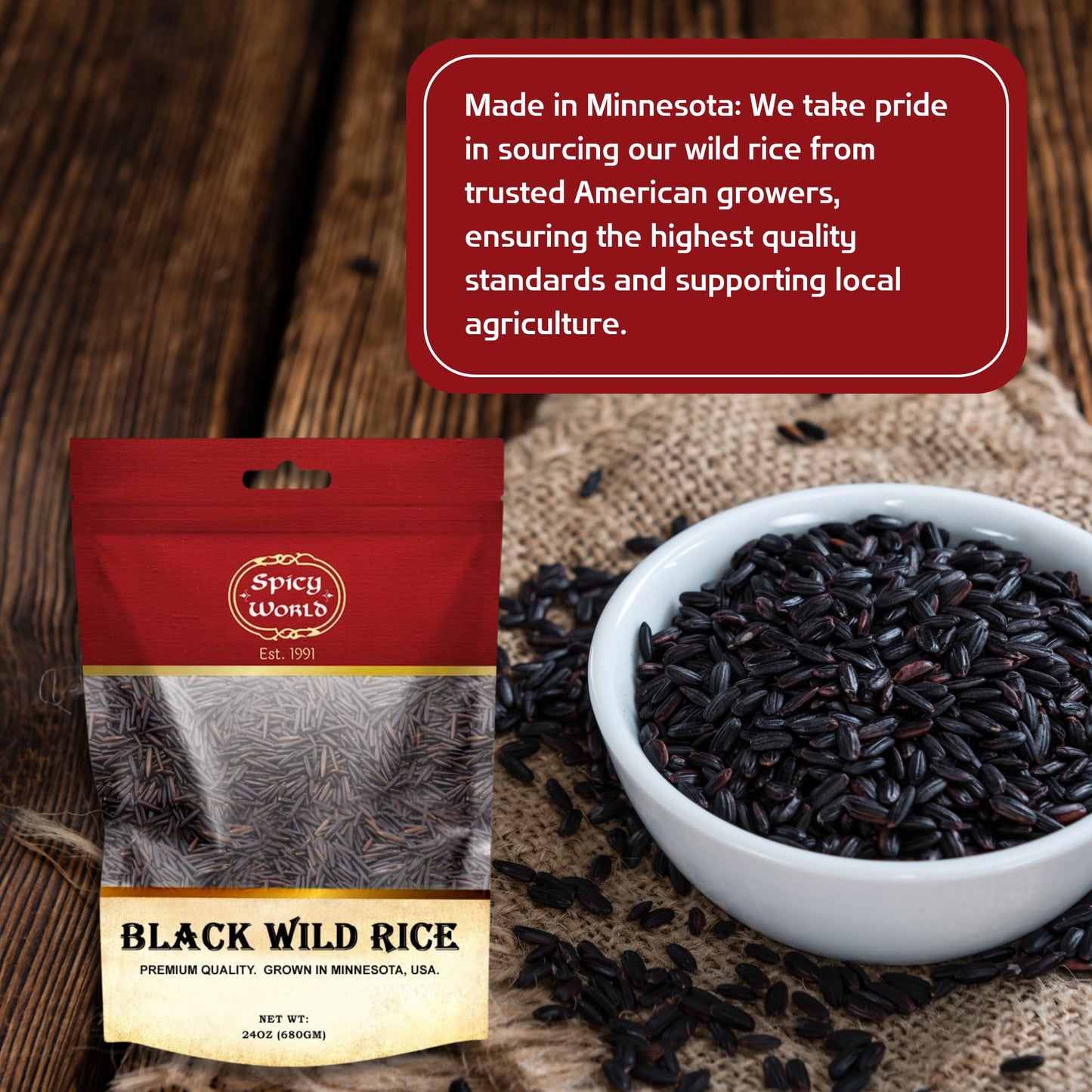 Spicy World Minnesota Grown Black Wild Rice 24oz Bag (1.5LB) | Premium Quality | All Natural, Hearty Grain with Rich Flavor | Perfect for Rice Dishes & Recipes
