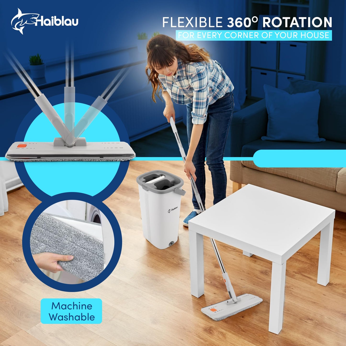 Haiblau Flat Mop & Bucket Wringer Set with Self-Squeeze Mini Mop, Portable Handheld Wet/Dry Cleaner with Microfiber Pads, Flat Mop and Bucket System