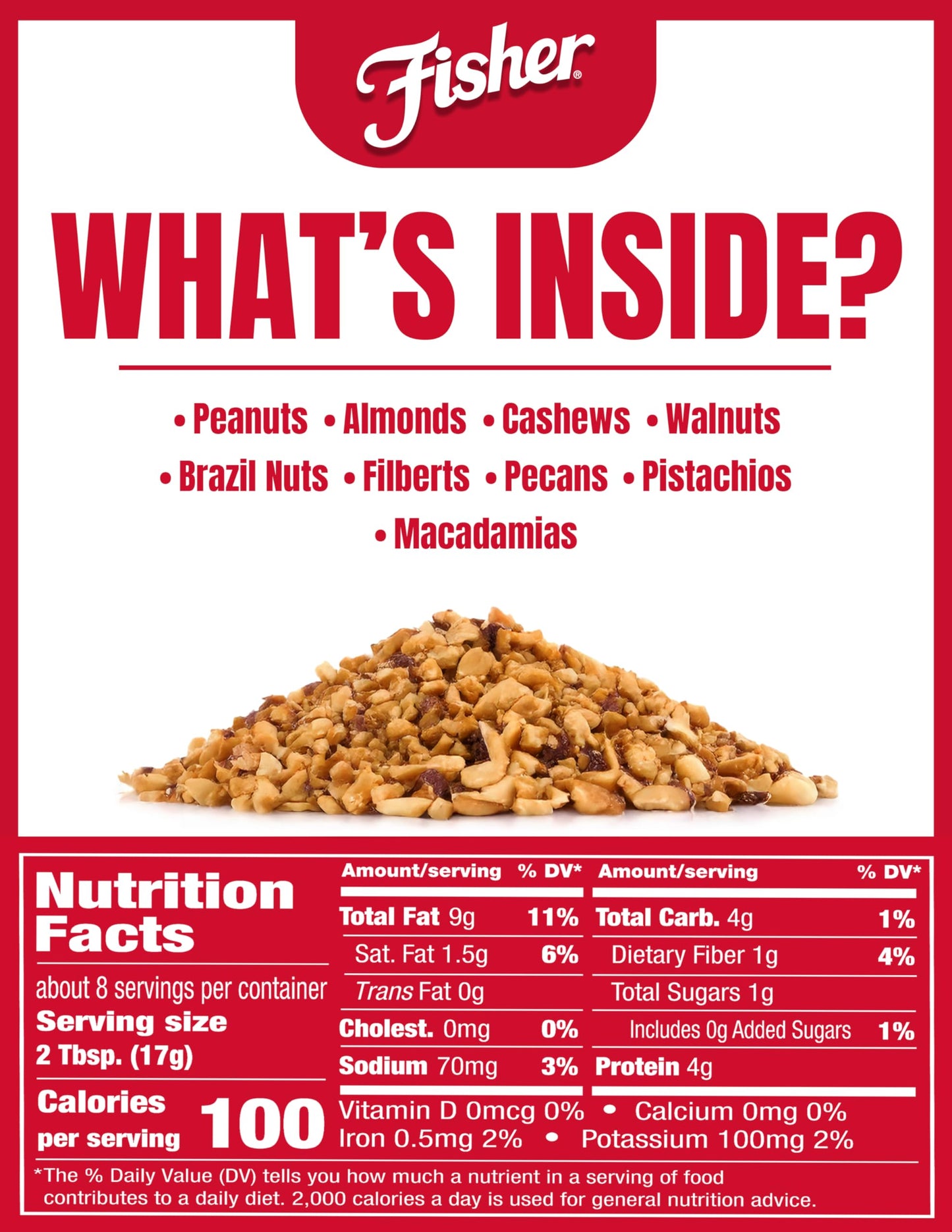 Fisher Mixed Nuts Ice Cream Topping, 5 oz, Peanuts, Almonds, Cashews, Walnuts, Brazil Nuts, Filberts, Pecans, Pistachios & Macadamias, Gluten-Free, No