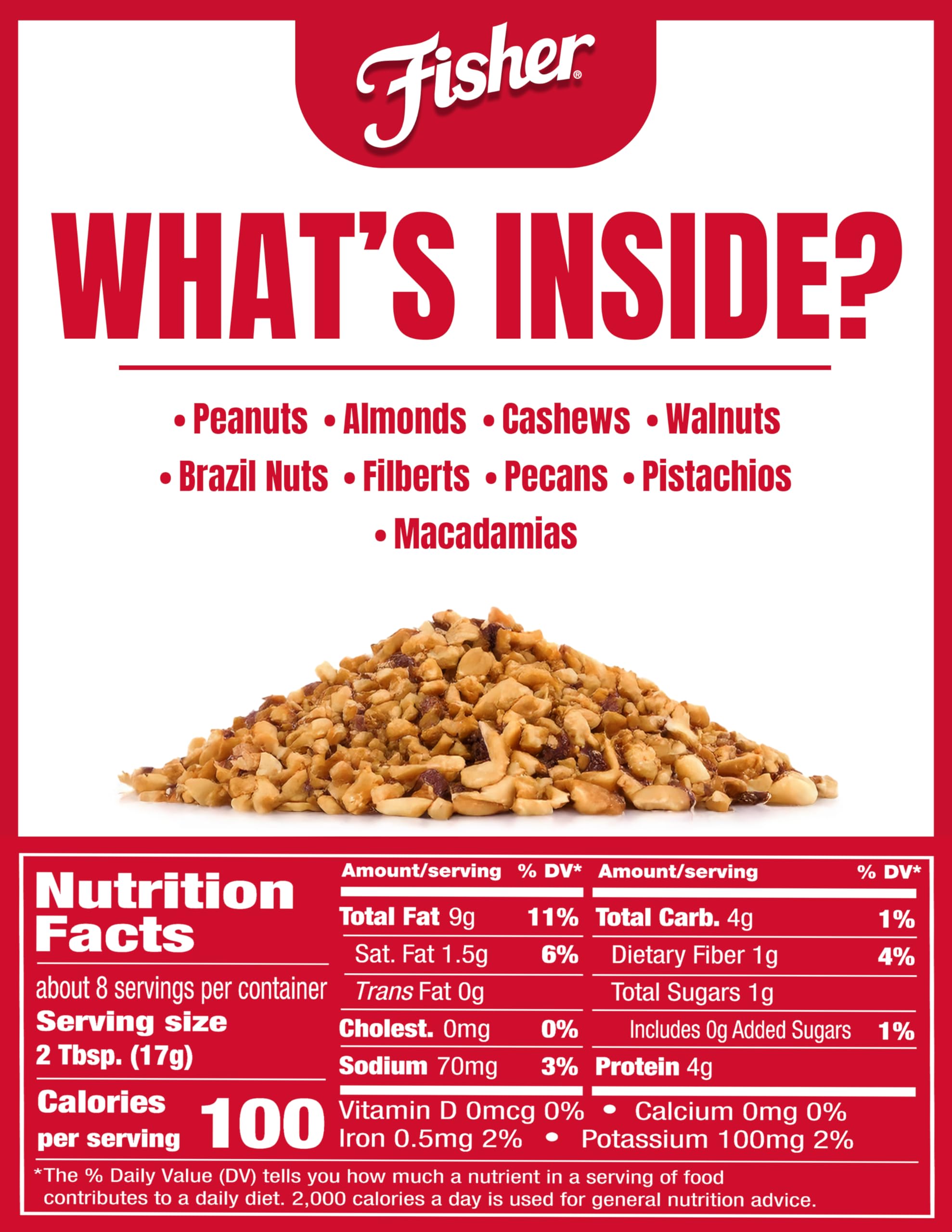 Fisher Mixed Nuts Ice Cream Topping, 5 oz, Peanuts, Almonds, Cashews, Walnuts, Brazil Nuts, Filberts, Pecans, Pistachios & Macadamias, Gluten-Free, No