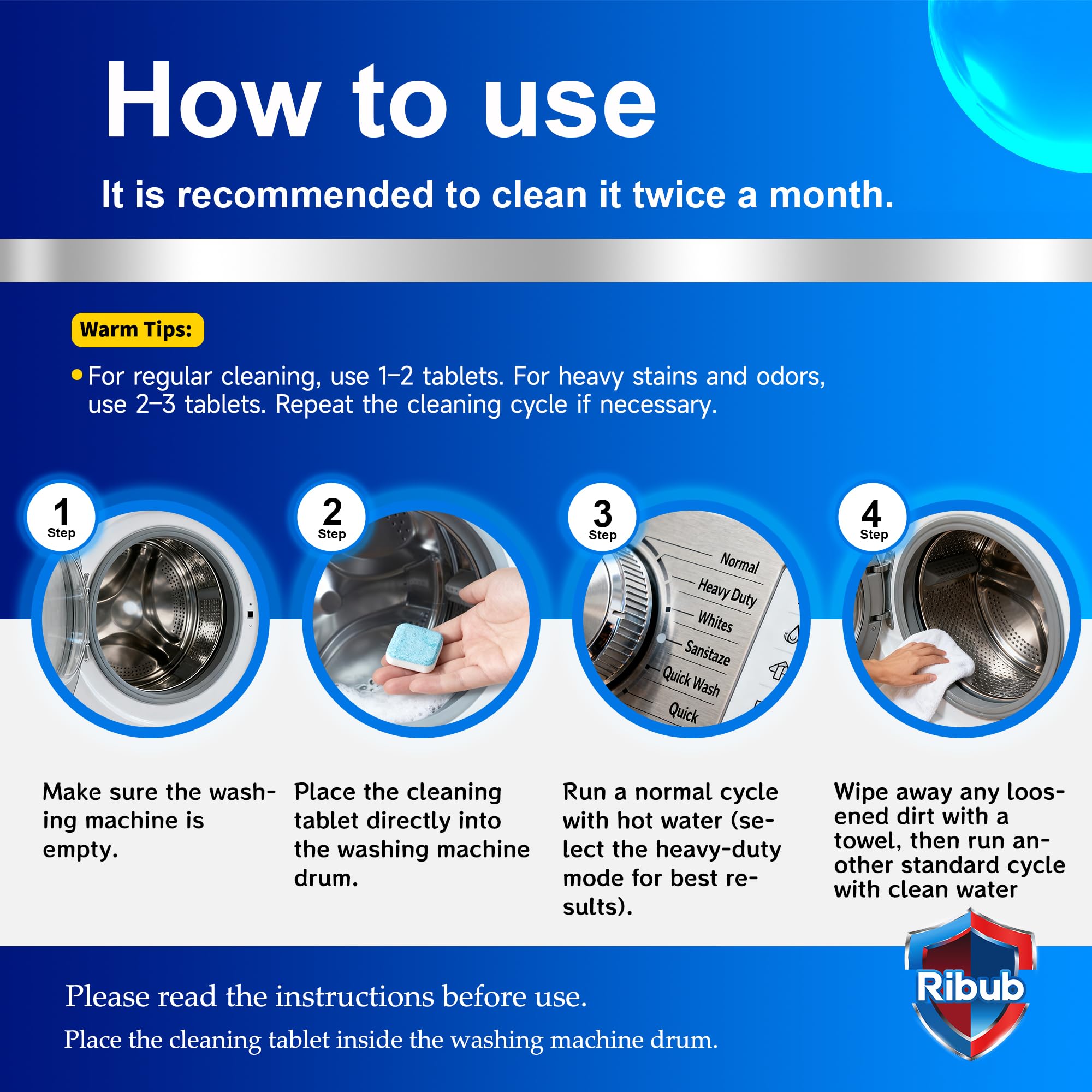 Ribub Washing Machine Cleaner Tablets, 30 Pack Deep Cleaning for HE & Top Load Washers, Septic Safe, Helps Reduce Odor-Causing Residue, Supports Drum