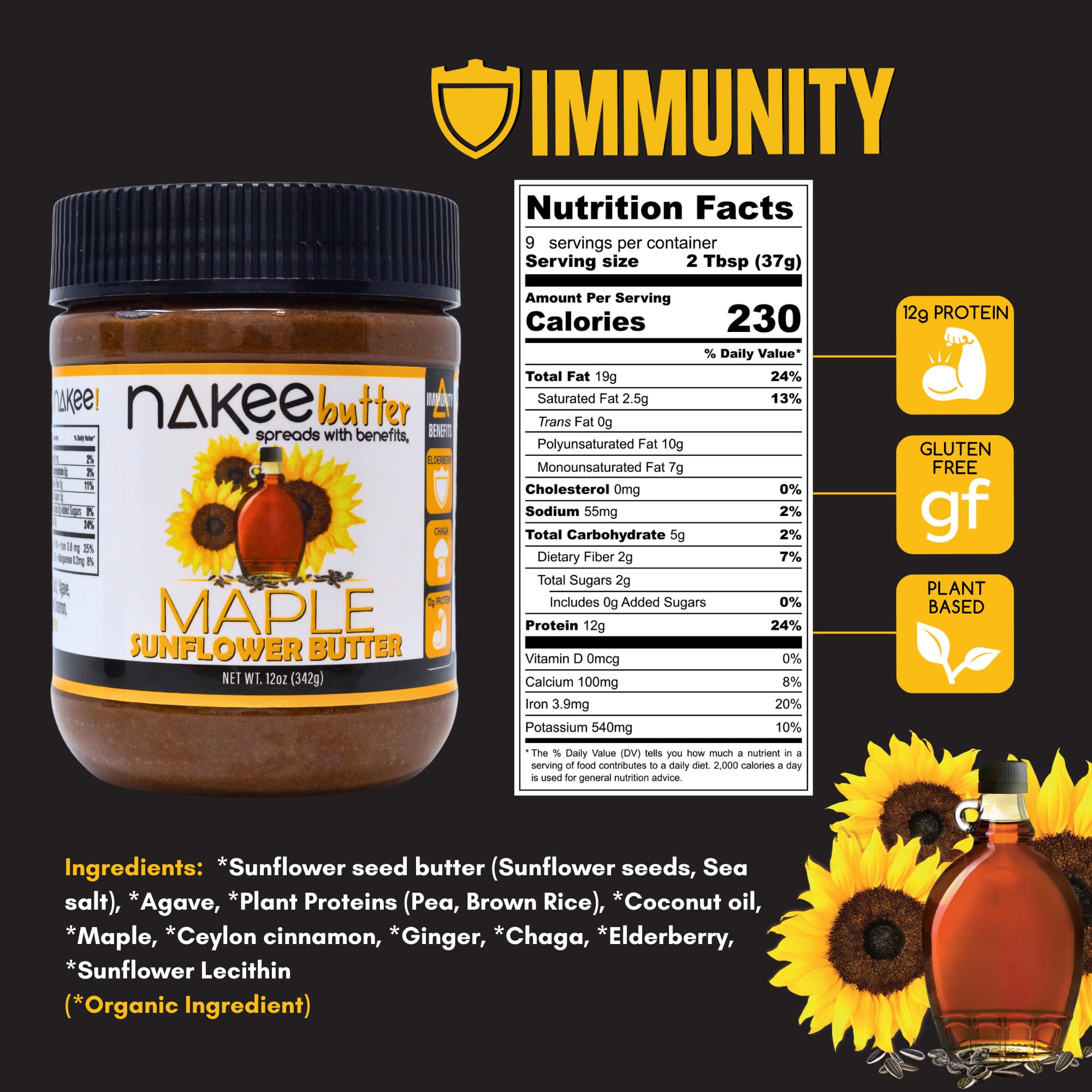 Nakee Butter: Maple Sunflower Vegan Butter, High Daily Protein Nut Spread with 12g Protein, Immune Boosting Blend with Cinnamon, Ginger, Elderberry