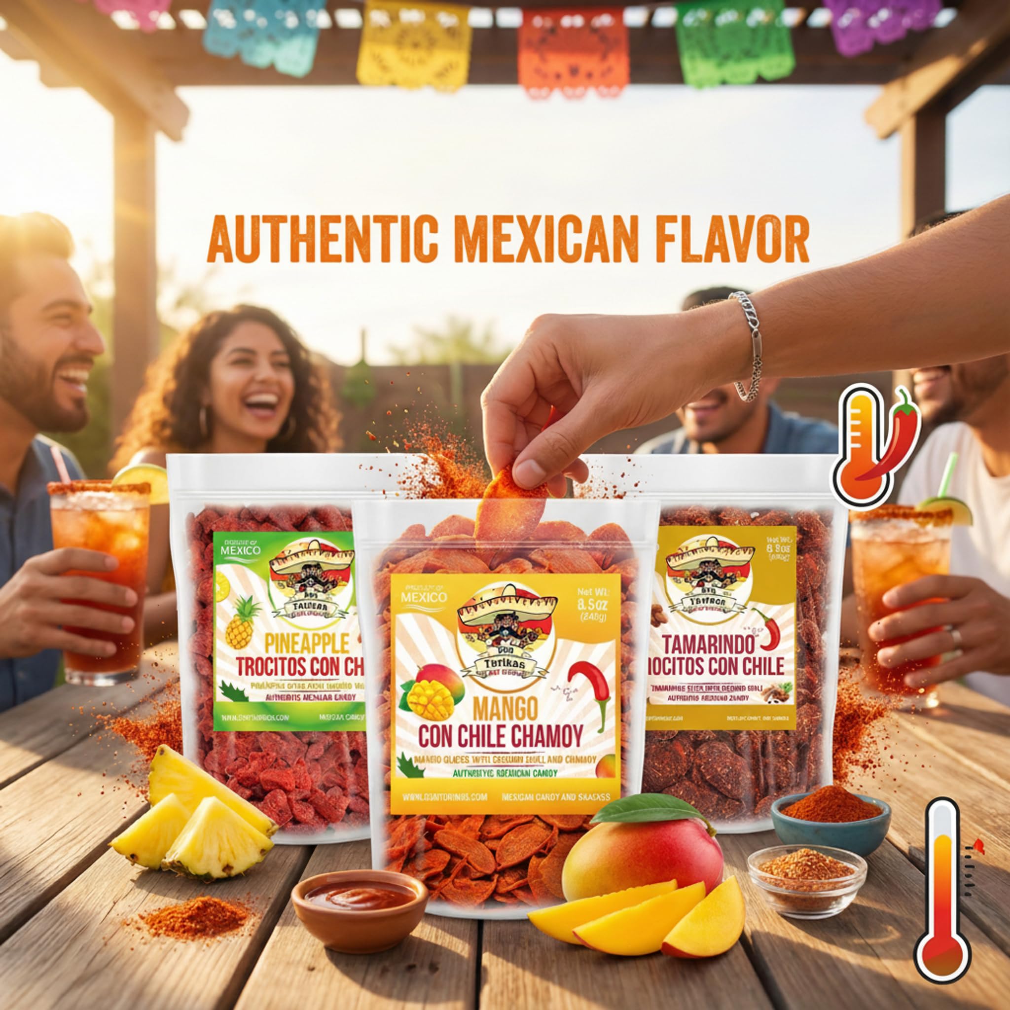 Mexican Fruit Candy 3-Pack, Dulces Mexicanos, Mango Chamoy, Pineapple Chile, and Tamarind Chile, Sweet and Spicy Candies Assortment by Don Turinos