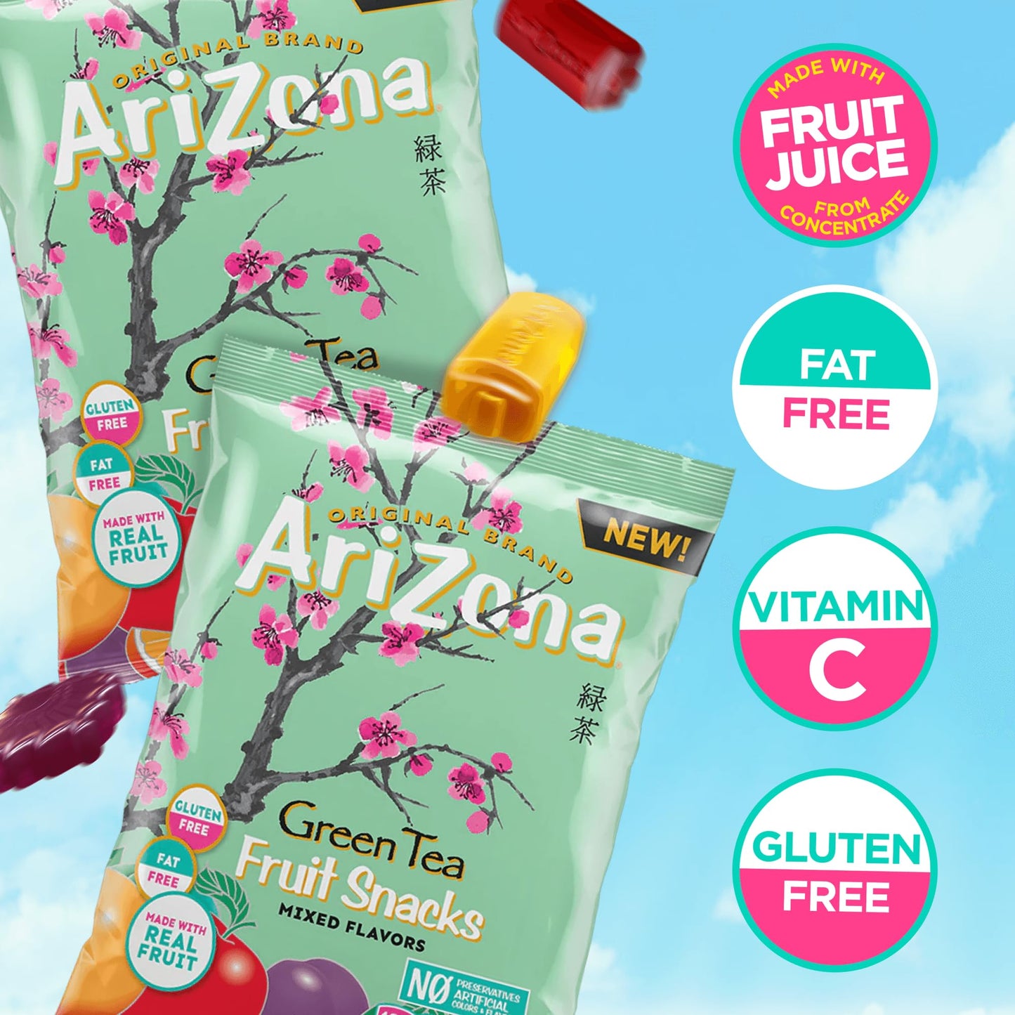 AriZona Green Tea Fruit Snacks, Gluten Free Mixed Fruit Gummy Chews 5 Ounce Individual Single Serve Bags, Green Tea,(Pack of 12)
