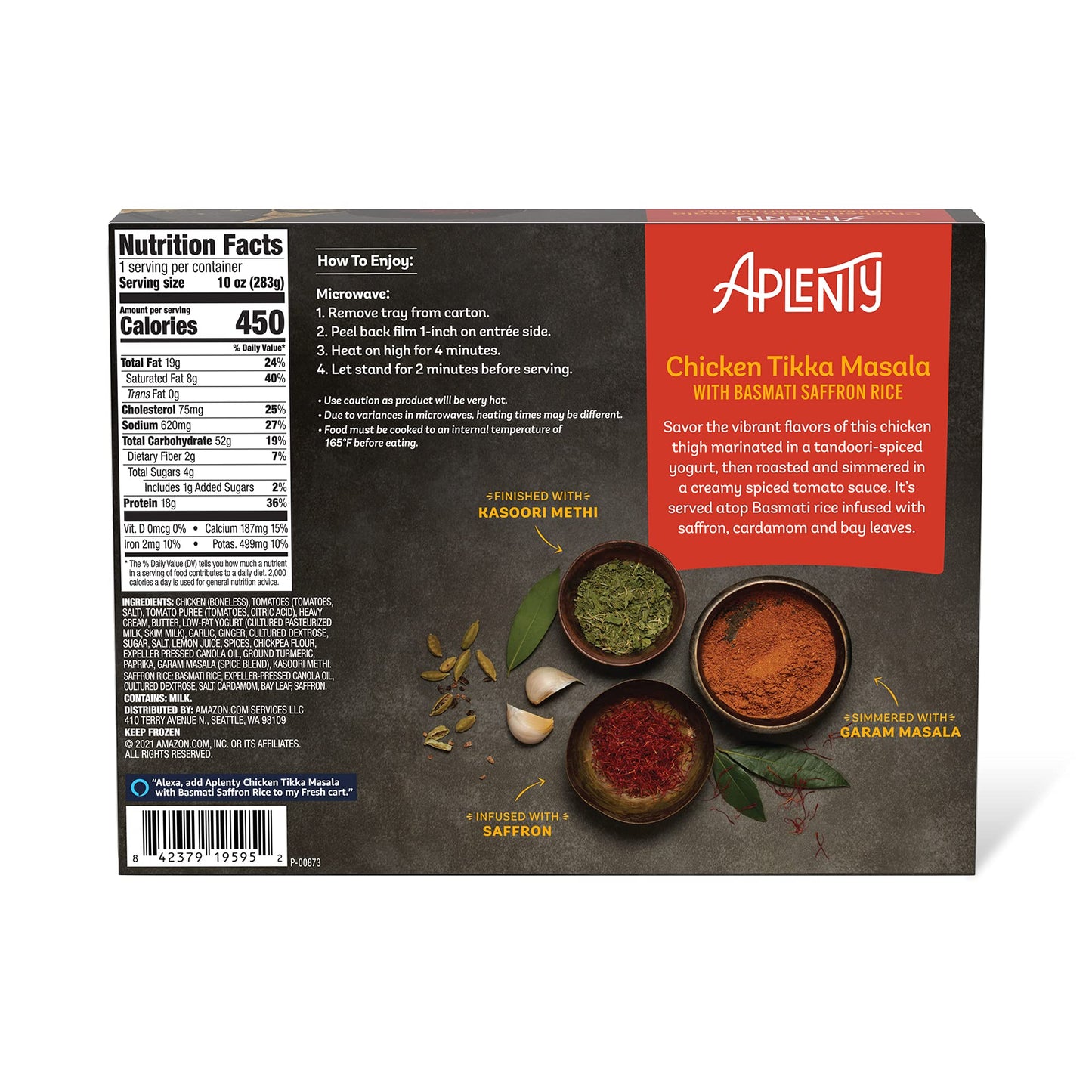 Amazon Brand, Aplenty Chicken Tikka Masala With Basmati Saffron Rice Frozen Box, 10 Oz