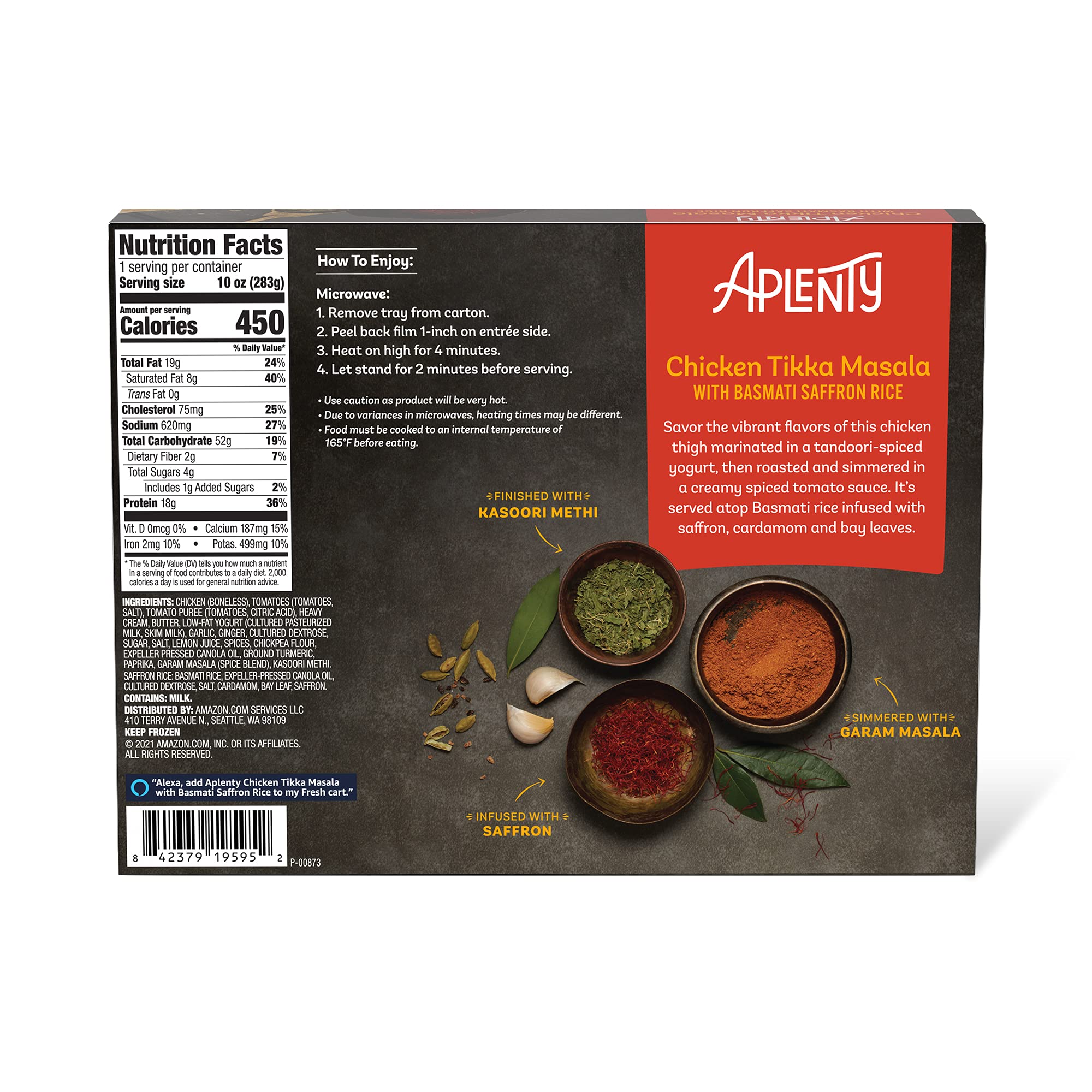 Amazon Brand, Aplenty Chicken Tikka Masala With Basmati Saffron Rice Frozen Box, 10 Oz