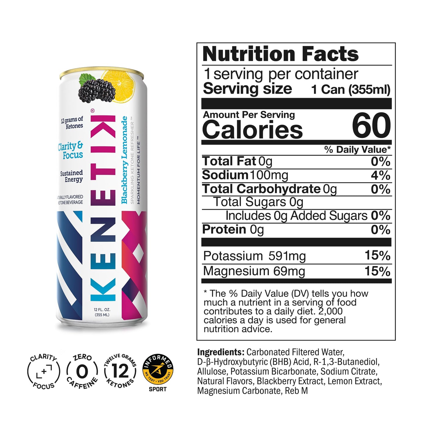 Kenetik Ketone Focus Drink - Plant-Based D-BHB Bioidentical Ketones for Caffeine-Free Focus & Steady Mental Clarity - Zero Sugar, Nootropic Brain Fuel