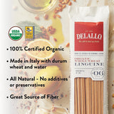 DeLallo Whole Wheat Linguine Pasta, 1 Pound Bag, (8 Pack), 100% Organic, Whole Grain Noodles, Made with Whole Durum Wheat, Bronze Cut, Kosher, Vegan
