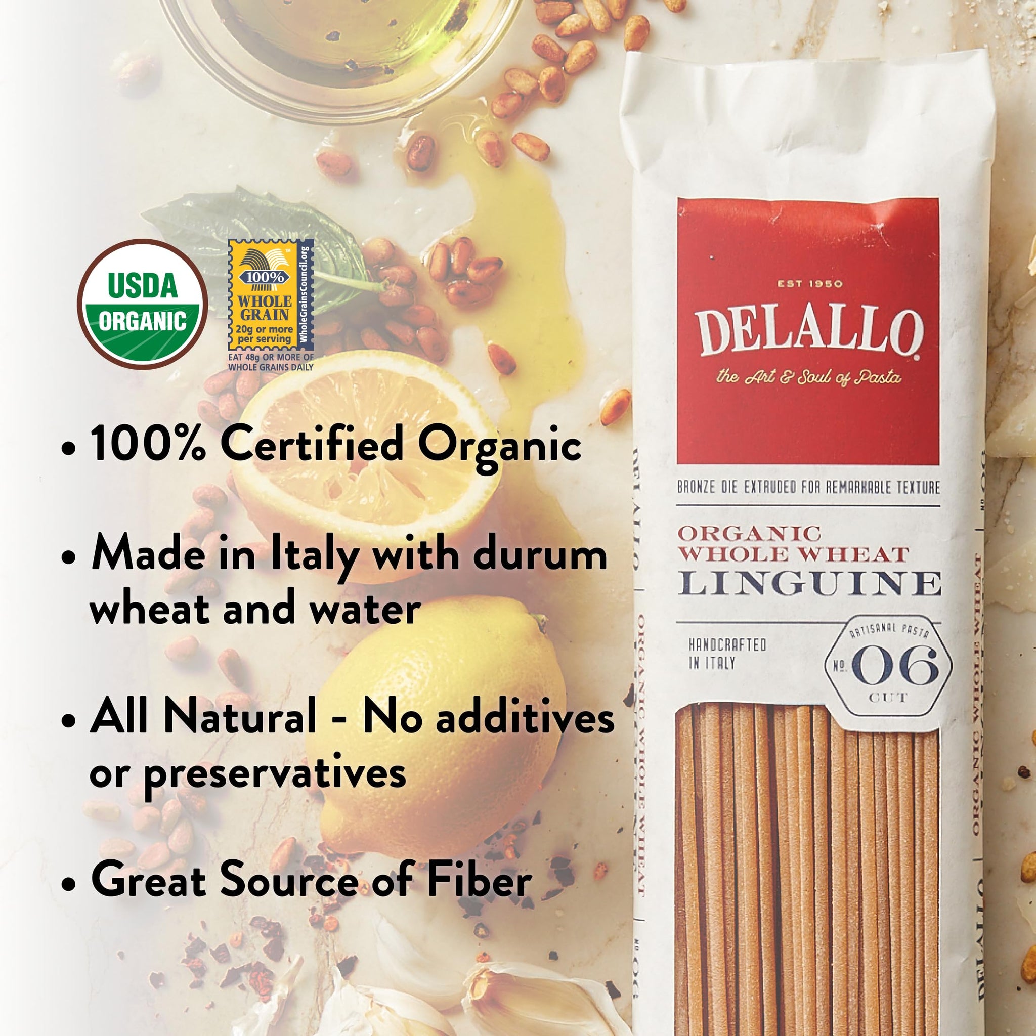 DeLallo Whole Wheat Linguine Pasta, 1 Pound Bag, (8 Pack), 100% Organic, Whole Grain Noodles, Made with Whole Durum Wheat, Bronze Cut, Kosher, Vegan