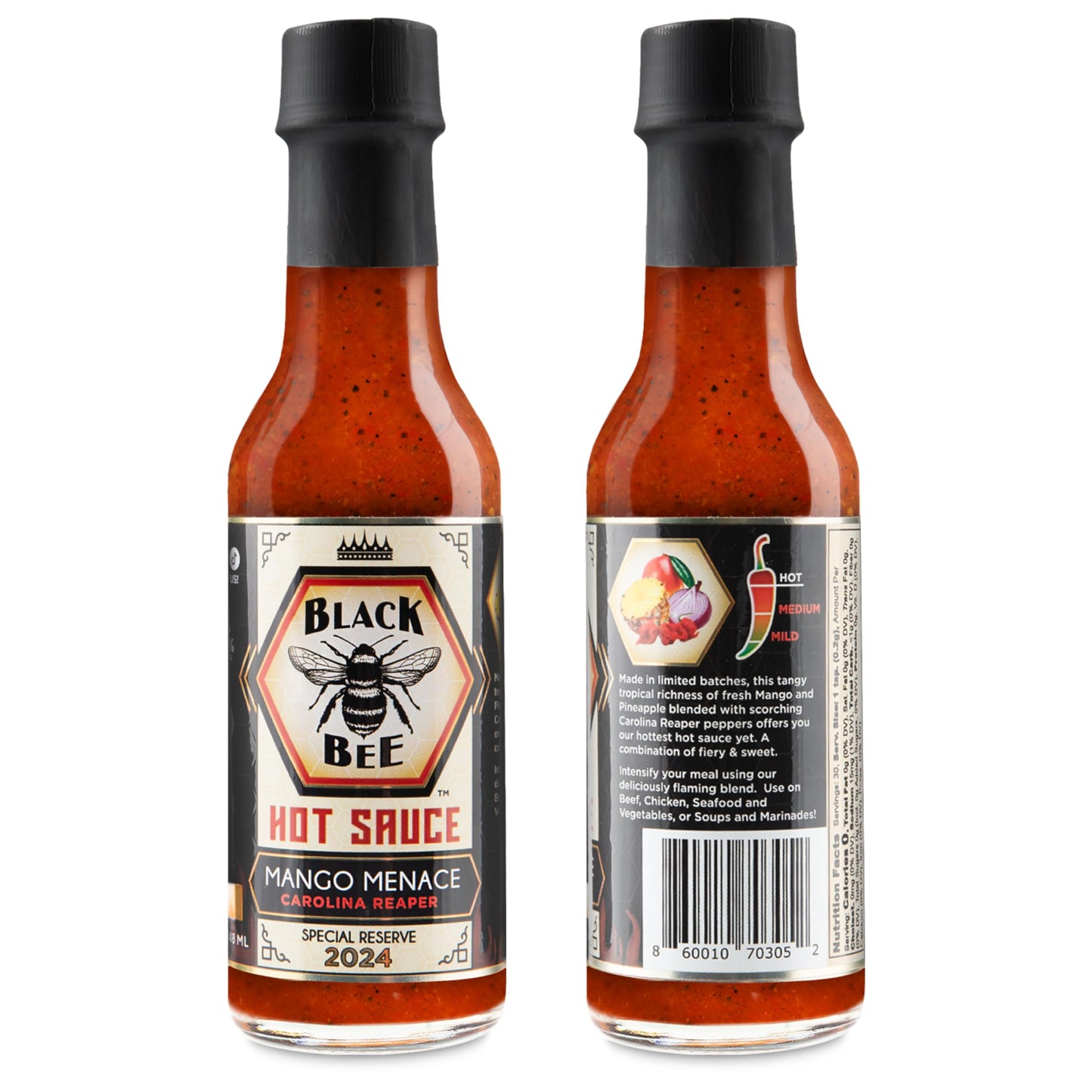 Black Bee Mango Menace Hot Sauce with Carolina Reaper - Limited Small Batch Special Reserve Extreme Heat Sauce with Fresh Mango & Fire Roasted