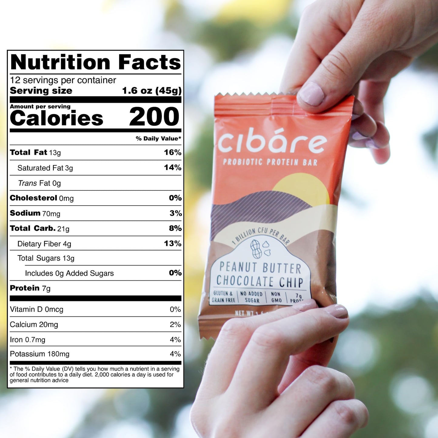 Cibare Plant-Based Energy Bar - Powered by 1 Billion Probiotics, Gluten-Free, Vegan Fruit Snack, No Added Sugar, Soy-Free, Peanut Butter Chocolate