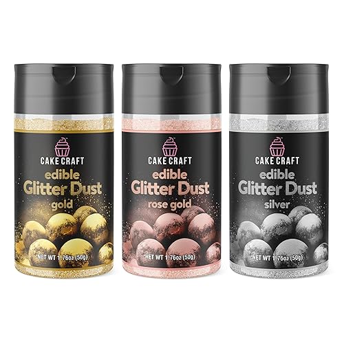 Cake Craft Edible Glitter Dust 3-Pack | 100% Edible Food-Safe Glitter for Cakes, Cupcakes, Cocktails & Desserts | Gold, Silver, Rose Gold