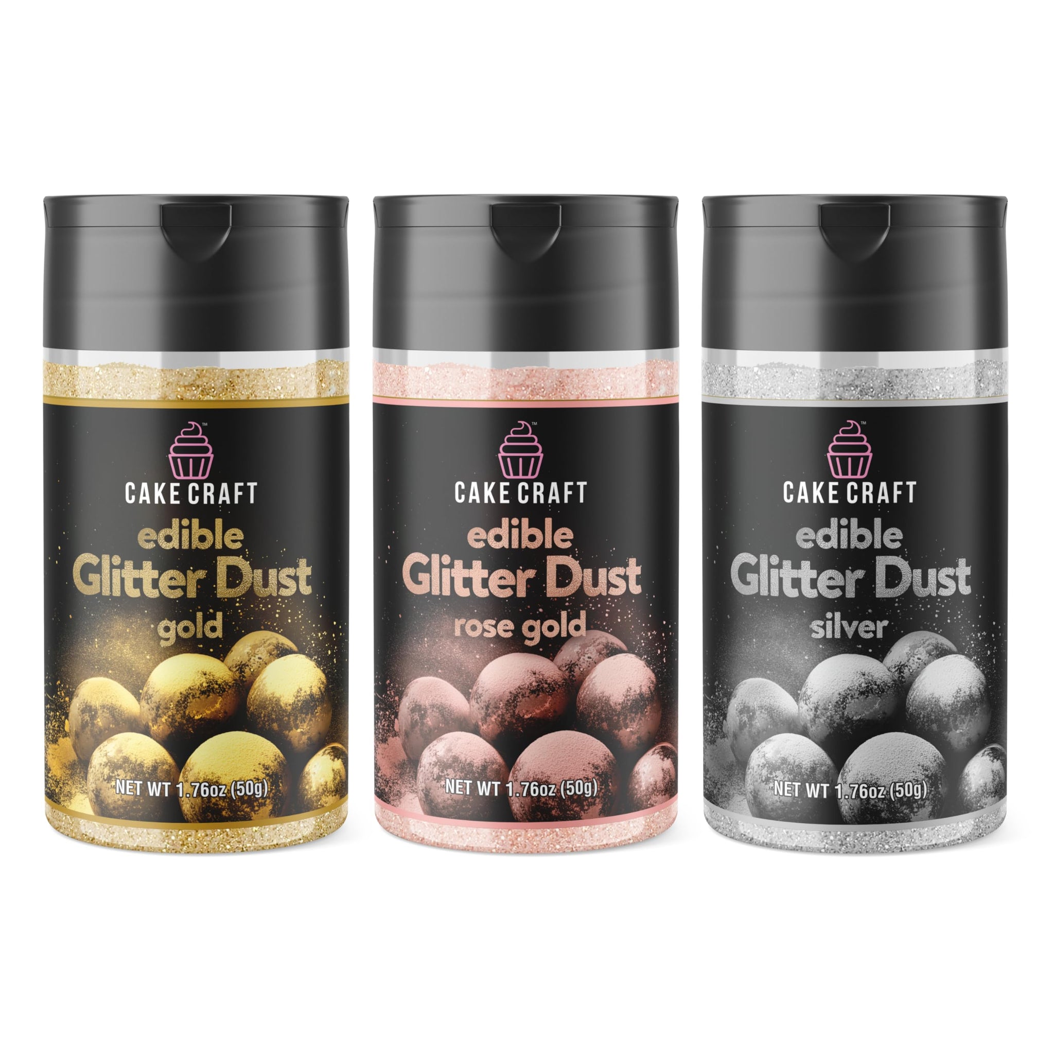 Cake Craft Edible Glitter Dust 3-Pack | 100% Edible Food-Safe Glitter for Cakes, Cupcakes, Cocktails & Desserts | Gold, Silver, Rose Gold