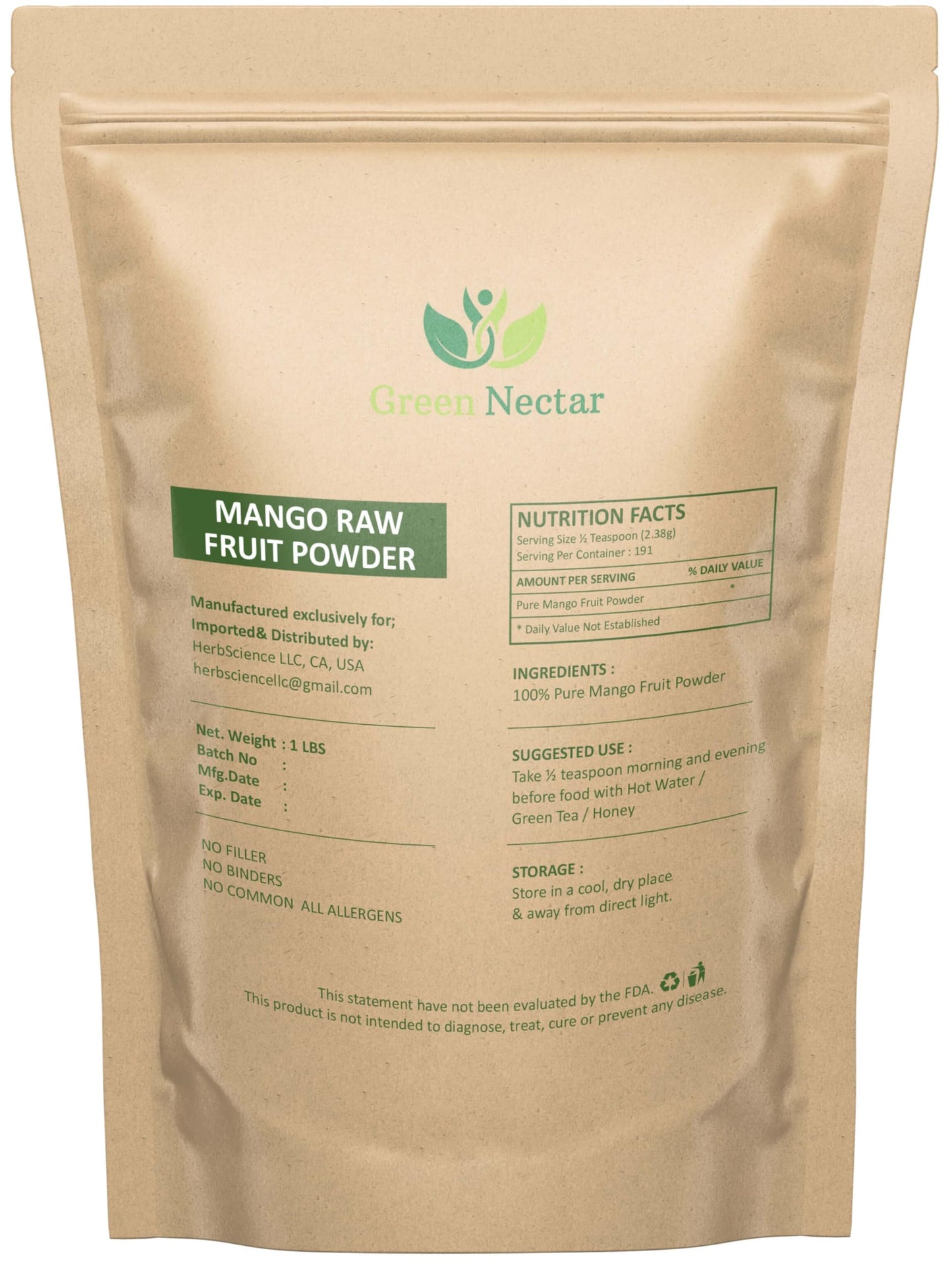 Natural Mango Fruit Powder - 1 lb - Non-GMO, Vegan, Gluten Free, Kosher, Vegan, Paleo, Raw - Green Nectar (16 Oz - 1 Pack)