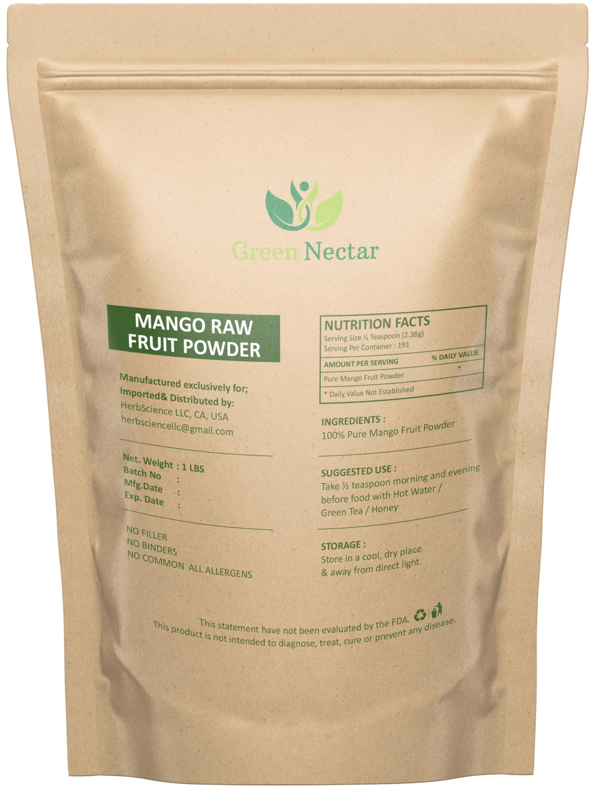 Natural Mango Fruit Powder - 1 lb - Non-GMO, Vegan, Gluten Free, Kosher, Vegan, Paleo, Raw - Green Nectar (16 Oz - 1 Pack)