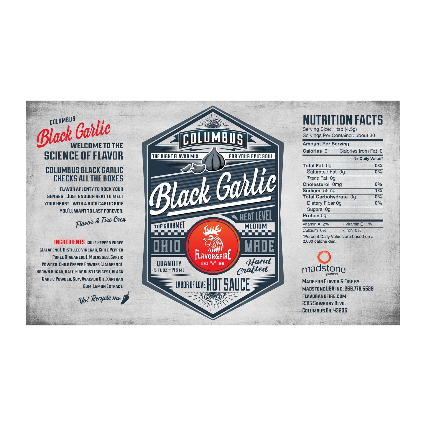 Flavor and Fire Foods, Black Garlic, Columbus Hot Sauce, Pepper Infused, Award Winning, North Market Hot Sauce, Amazing Flavor, Great on Meat