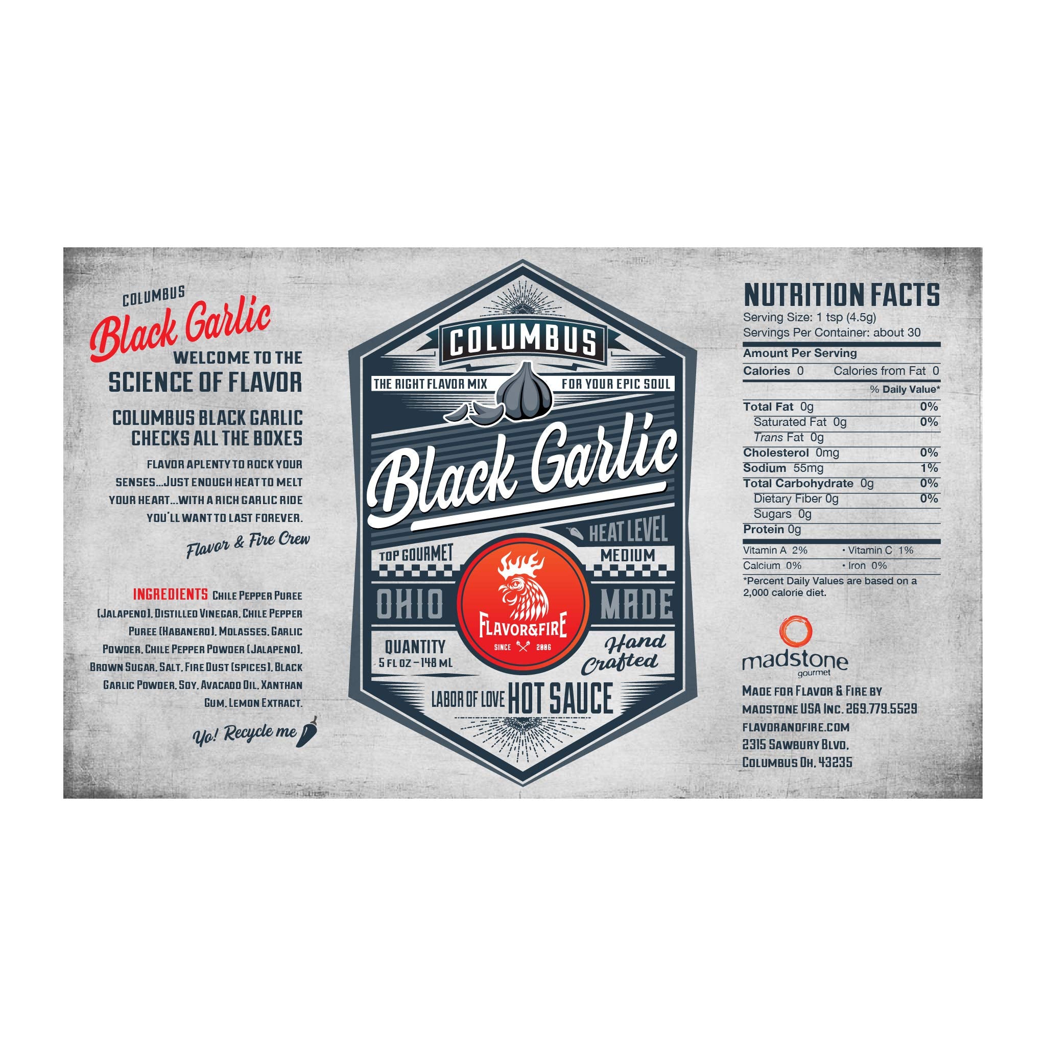 Flavor and Fire Foods, Black Garlic, Columbus Hot Sauce, Pepper Infused, Award Winning, North Market Hot Sauce, Amazing Flavor, Great on Meat