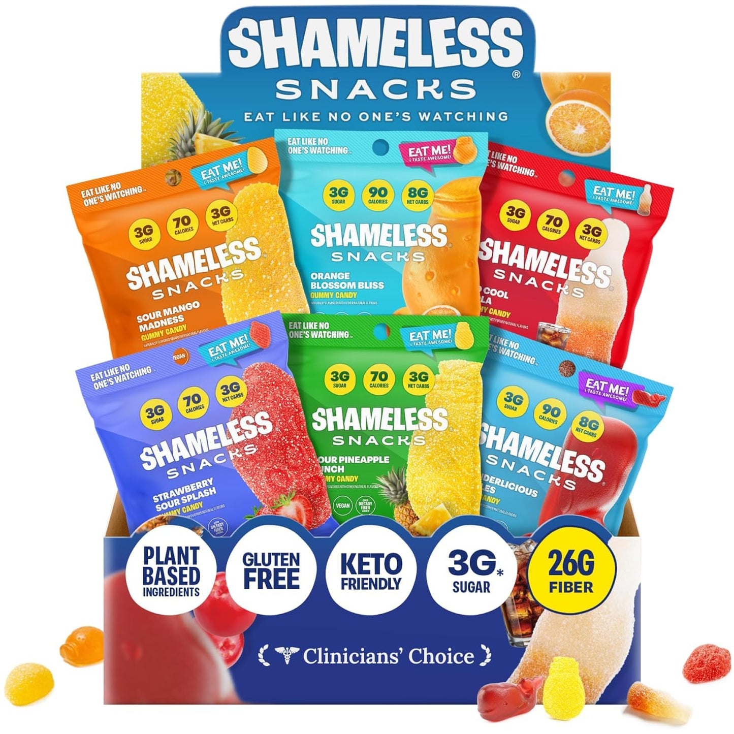Shameless Snacks Candy Carnival - Sour Candy & Fruit Snacks, Gummy Candy Variety Pack, Strawberry Orange Mango Cola, Keto Snacks 3g Sugar Gluten Free