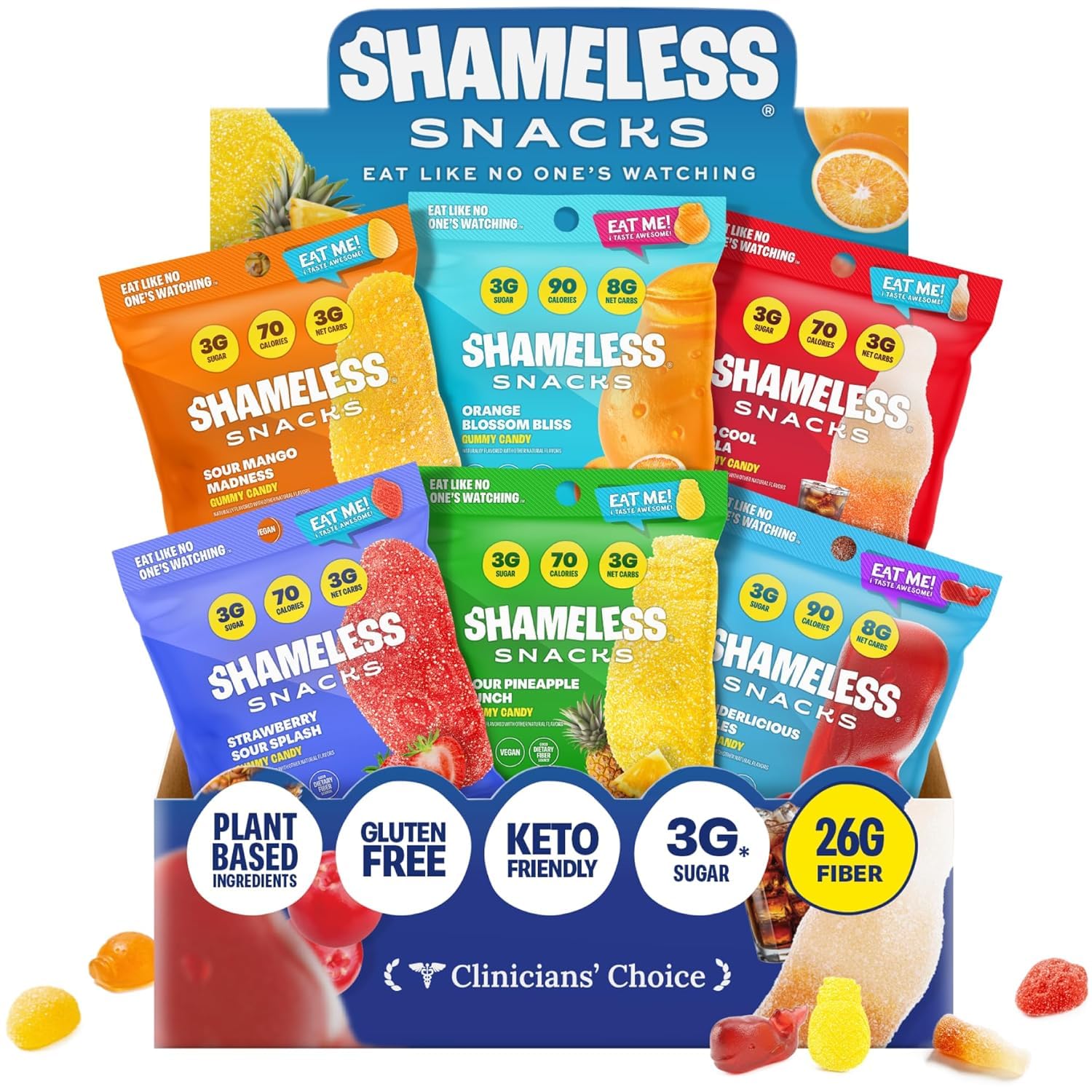 Shameless Snacks Candy Carnival - Sour Candy & Fruit Snacks, Gummy Candy Variety Pack, Strawberry Orange Mango Cola, Keto Snacks 3g Sugar Gluten Free