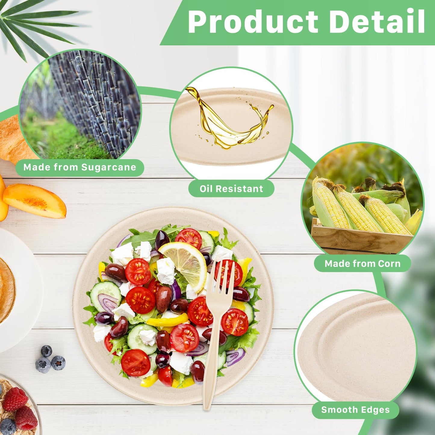 Tivcck 250 PCS Compostable Paper Plates Set,Compostable Plates Sugarcane Utensils,Disposable Dinnerware Set,Include Biodegradable Plates,Extra Long