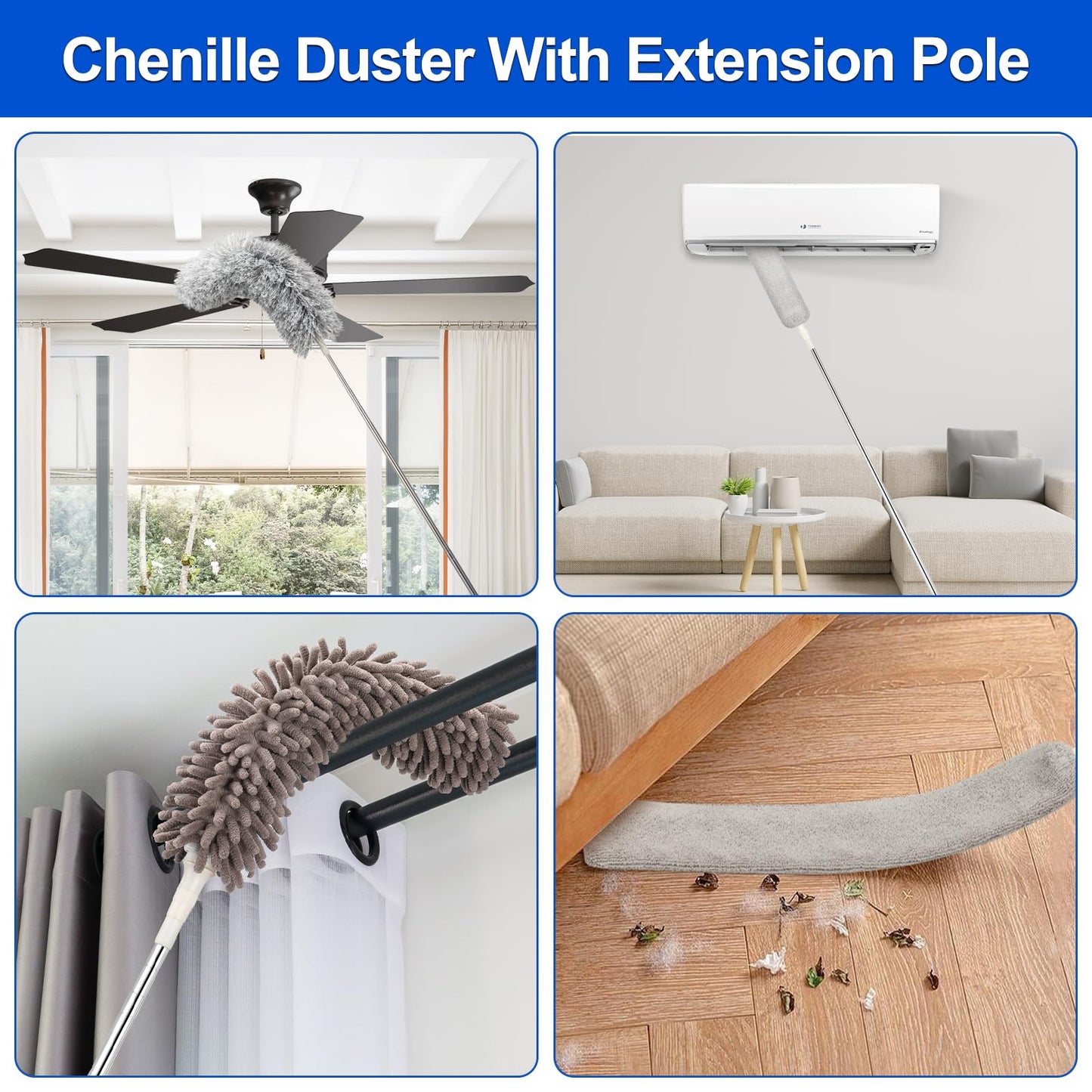 Microfiber Duster with Extension Pole(Stainless Steel) 30 to 100 Inches, Washable Dusters, Reusable Dusters, Bendable Duster for High Ceiling