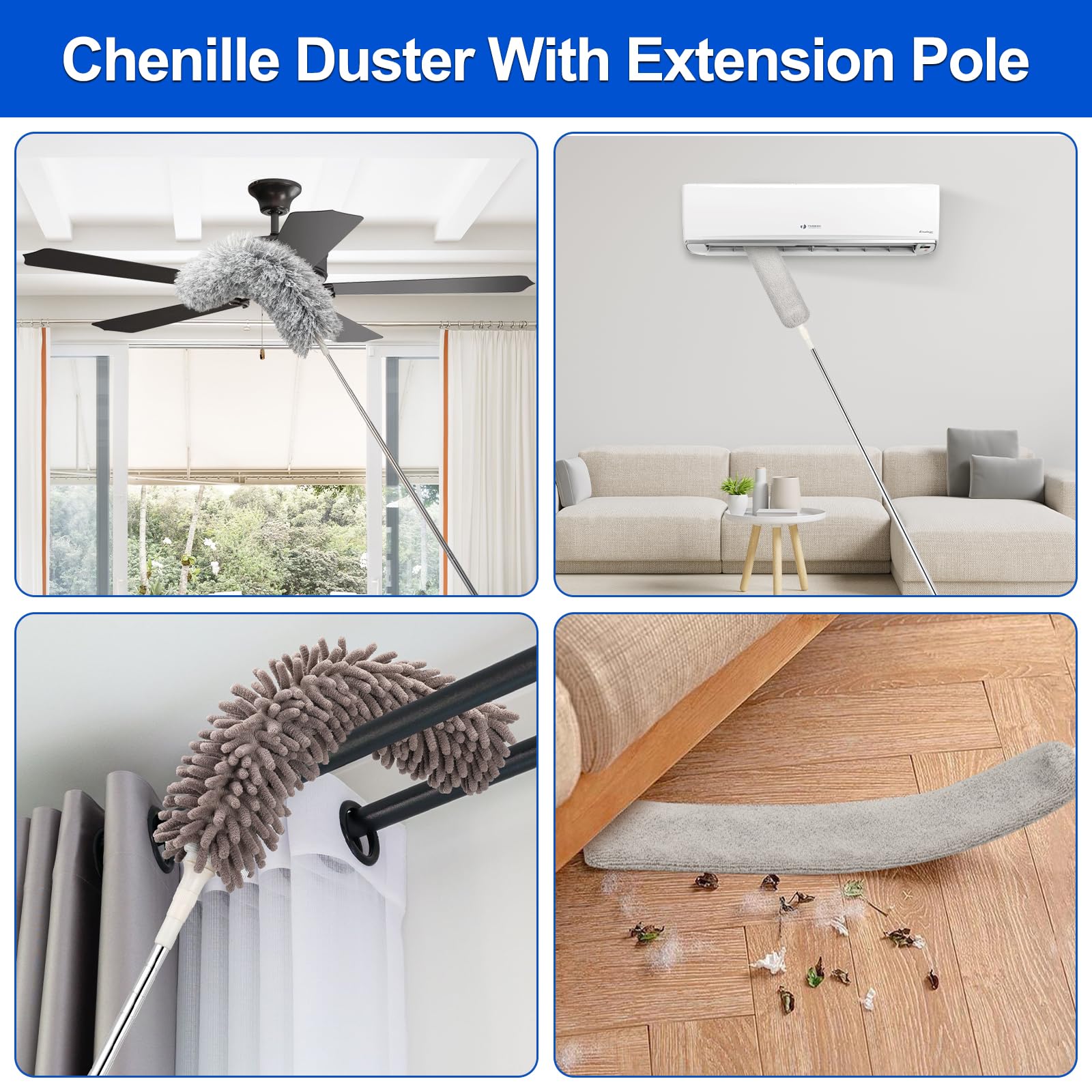 Microfiber Duster with Extension Pole(Stainless Steel) 30 to 100 Inches, Washable Dusters, Reusable Dusters, Bendable Duster for High Ceiling