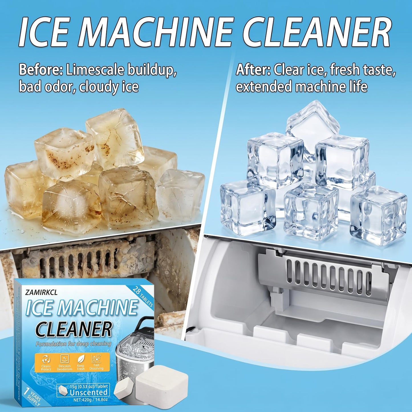 Ice Machine Cleaner Tablets, 28 Count, Nickel-Safe Descaling Formula, No Damage to Nickel Plating, Compatible with All Major Brands, Ideal