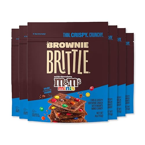 Brownie Brittle - M&M’S Minis Thin and Crispy Sweet Snacks (Pack of 6, 4 oz), Rich Gourmet Brownie Bites Dessert