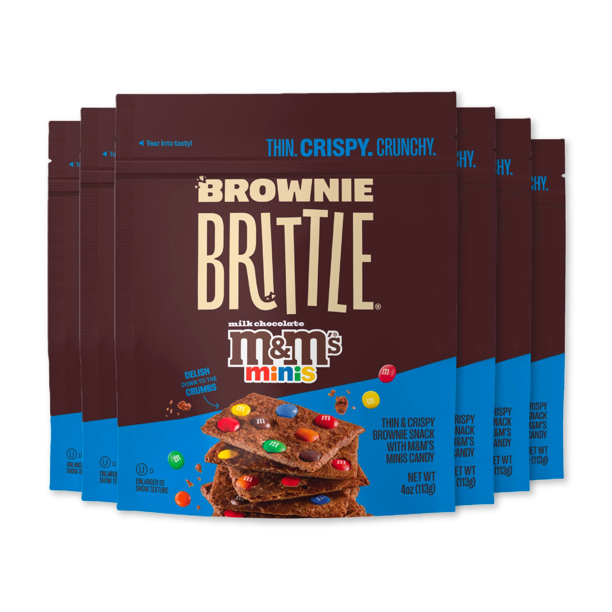 Brownie Brittle - M&M’S Minis Thin and Crispy Sweet Snacks (Pack of 6, 4 oz), Rich Gourmet Brownie Bites Dessert