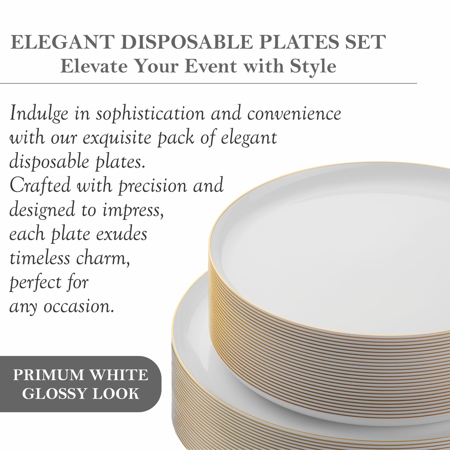 BloominGoods 50 PCS Disposable Plastic Plates For Party, 25 8.5 In. Appetizer Plates And 25 10.5 In. Dinner Plates, White With Gold Rim Plates