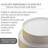 BloominGoods 50 PCS Disposable Plastic Plates For Party, 25 8.5 In. Appetizer Plates And 25 10.5 In. Dinner Plates, White With Gold Rim Plates