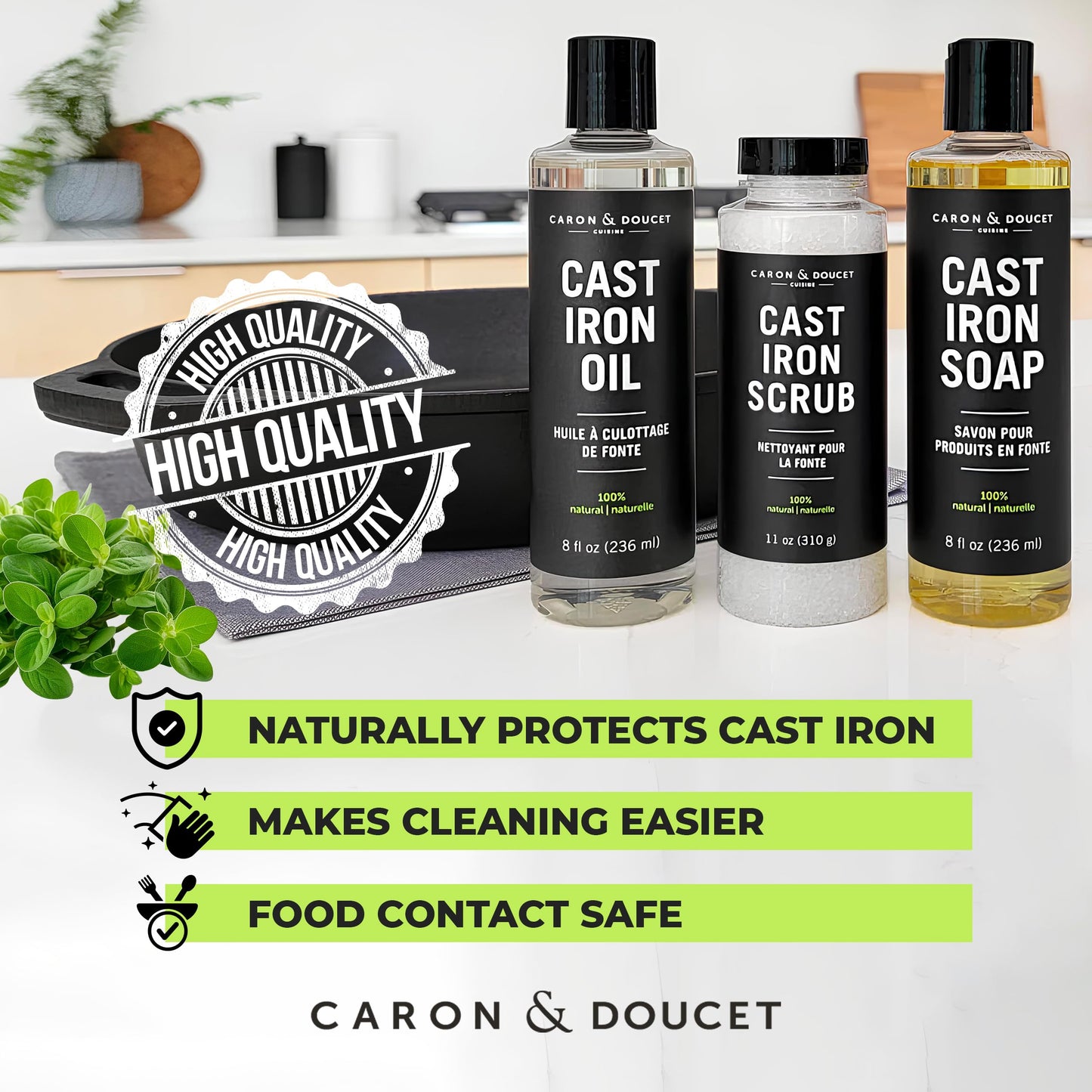 CARON & DOUCET - Ultimate Cast Iron Set: Seasoning Oil, Cleaning Soap & Restoring Scrub | 100% Plant-Based & Best for Cleaning Care, Washing