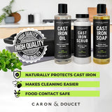 CARON & DOUCET - Ultimate Cast Iron Set: Seasoning Oil, Cleaning Soap & Restoring Scrub | 100% Plant-Based & Best for Cleaning Care, Washing