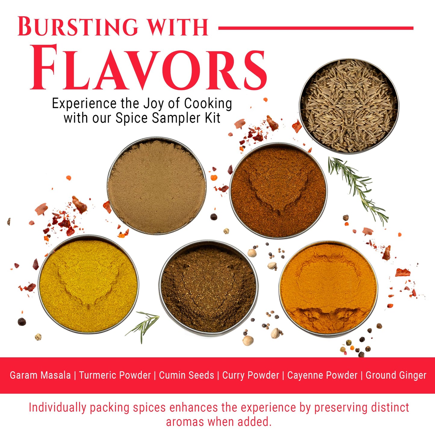 Indian Spice Sampler Kit Gift Set by Flavor Temptations | 6 Salt-free, Gluten-free Spices including Garam Masala, Turmeric, Cumin, Curry powder | 3