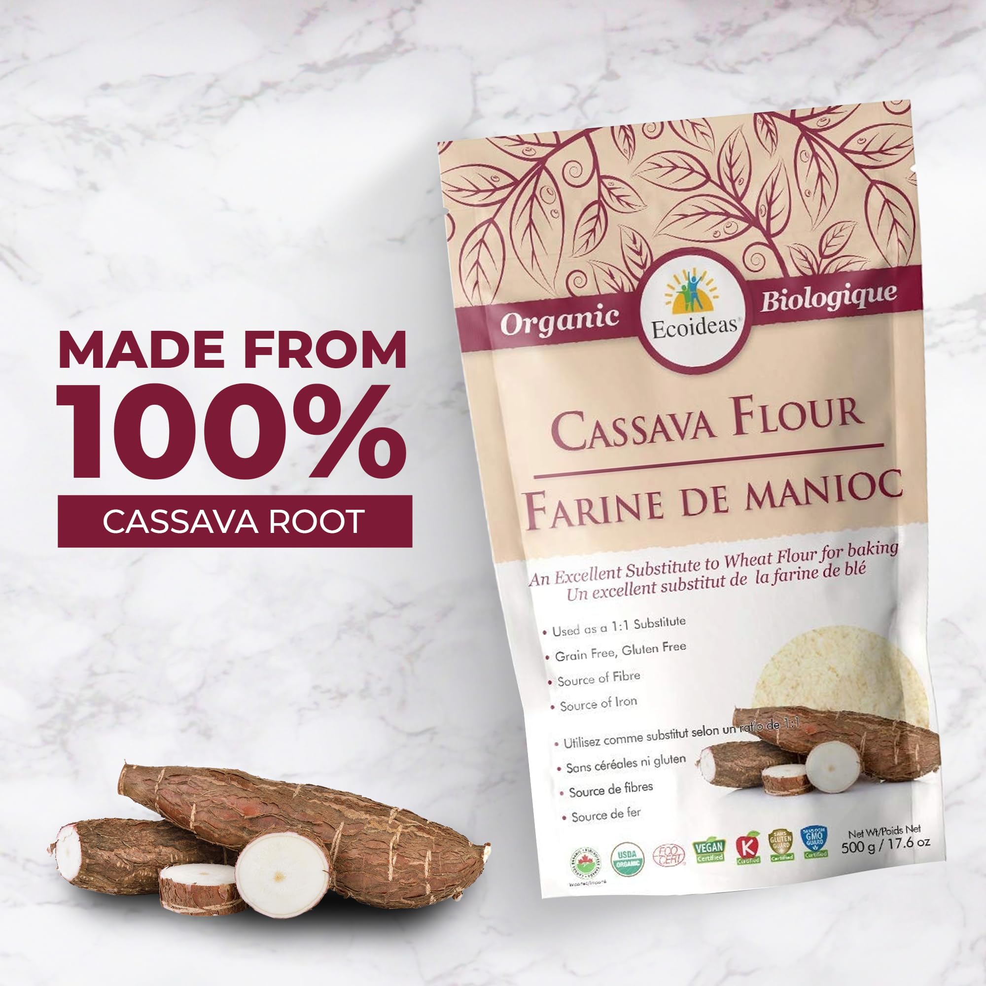 Ecoideas Organic Cassava Flour 500g - Gluten-Free, Grain-Free, Non-GMO - Ideal for Baking and Cooking - High Fiber, Iron-Rich, Perfect for Healthy