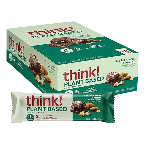 think! Vegan/Plant Based High Protein Bars - Sea Salt Almond Chocolate, 13g Protein, 5g Sugar, No Artificial Sweeteners, Non GMO Project Verified, 10