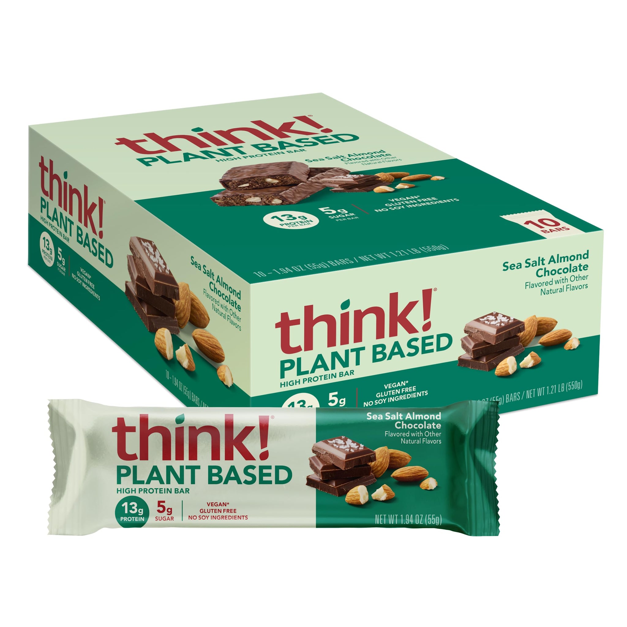 think! Vegan/Plant Based High Protein Bars - Sea Salt Almond Chocolate, 13g Protein, 5g Sugar, No Artificial Sweeteners, Non GMO Project Verified, 10