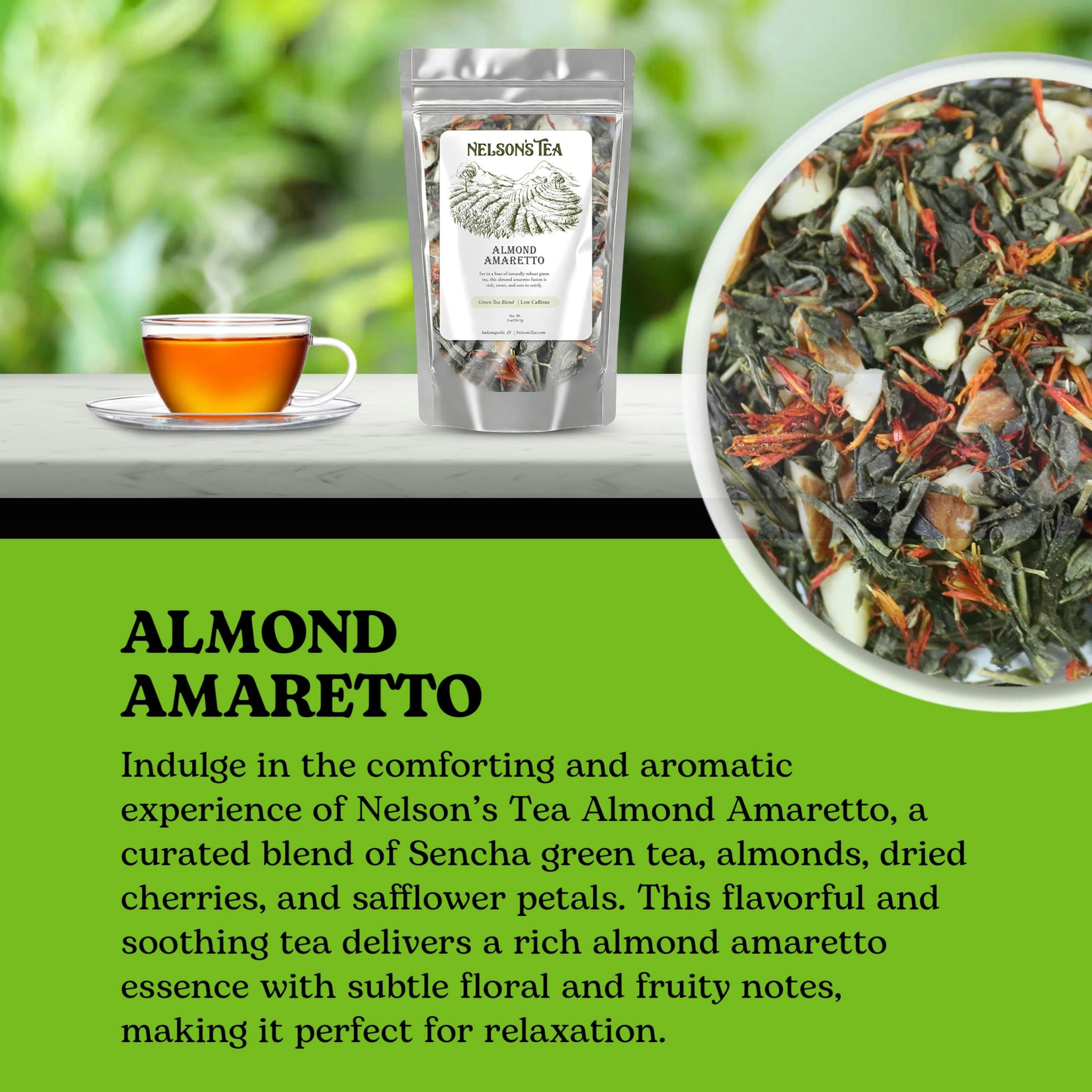 Nelson's Tea Almond Amaretto - Herbal Green Loose Leaf Tea, Curated Blend with Sencha Green Tea, almonds, Dried Cherries, and Safflower - Perfect